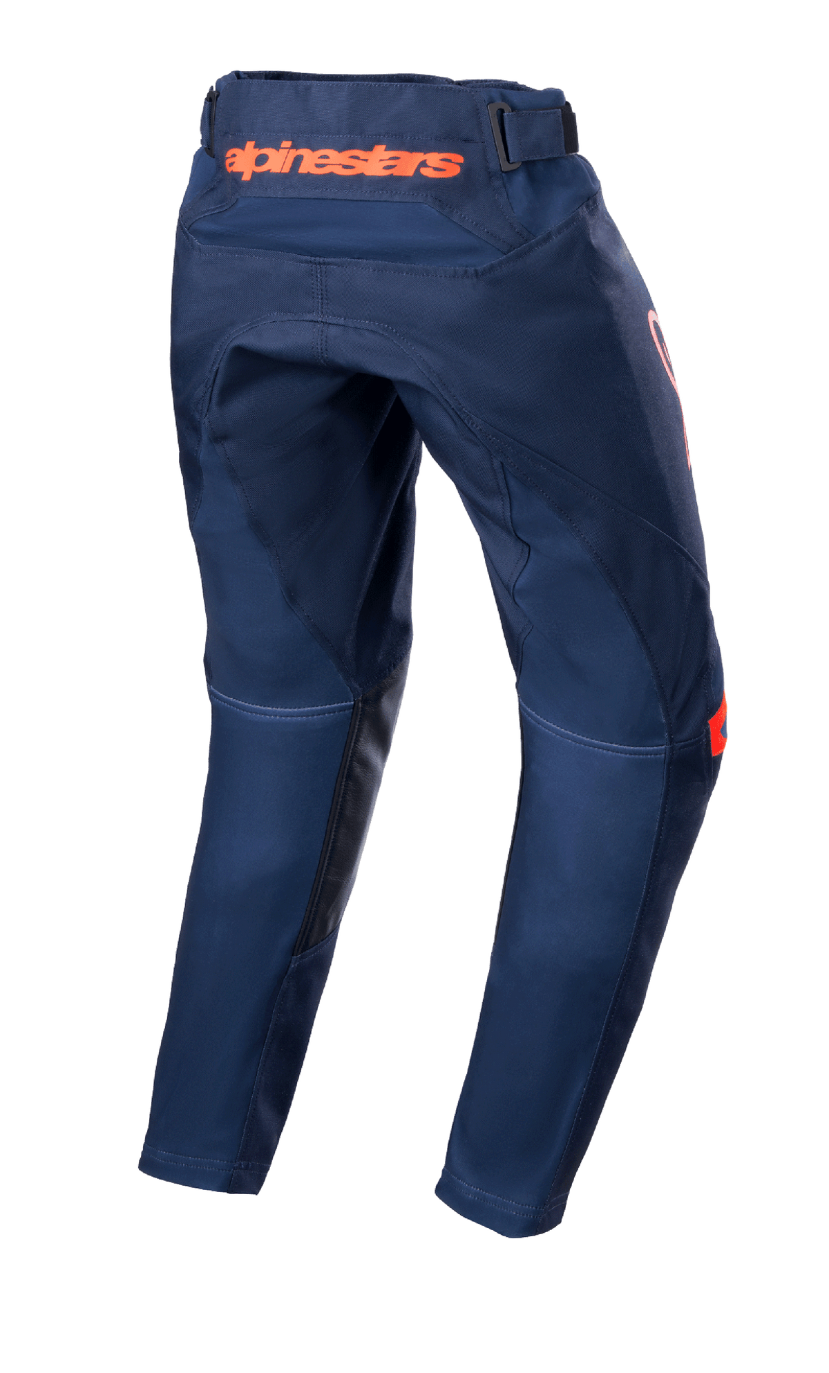 Alpinestars Youth 2023 Racer Narin-byxor, motocrossbyxor, Night Navy och Hot Orange, baksida som visar orange Alpinestars-logotyp i midjan och svarta läderförstärkningar på insidan av benen, slitstark textilkonstruktion för terrängkörning