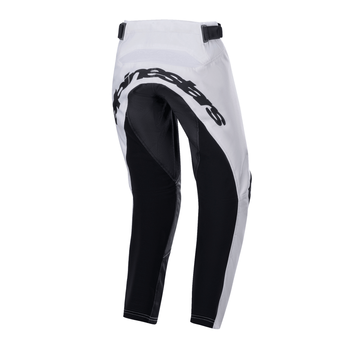 Alpinestars 2024 Youth Racer Lucent byxor, motocrossbyxor, vita och svarta, vy bakifrån som visar stora svarta förstärkta paneler på sätet och insidan av benen, Alpinestars-logotyp över bakdelen och justerbara midjeremmar för terrängkörning.