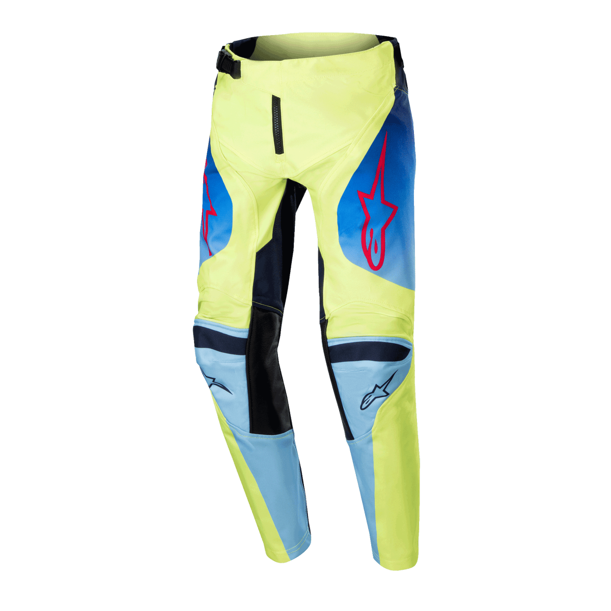 Alpinestars 2024 Youth Racer Hoen-byxor, motocrossbyxor, gul fluo och mörkblå, med röda Alpinestars-stjärnlogotyper, mörkblå paneler och svarta förstärkta knän, sportig design för terrängkörning
