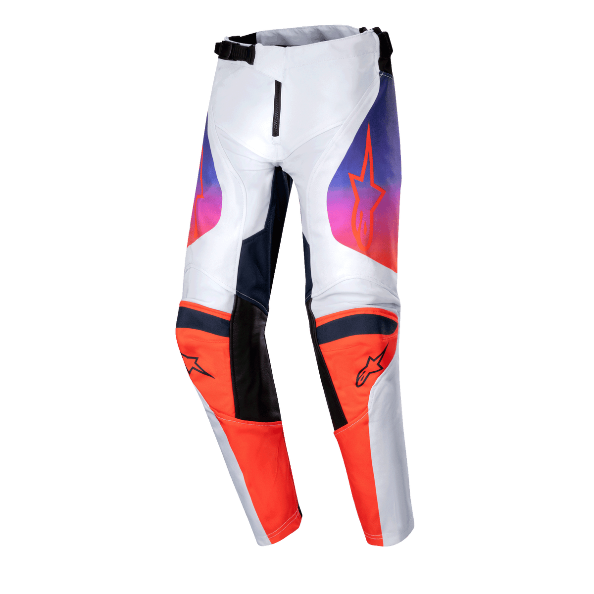 Alpinestars 2024 Youth Racer Hoen Pants, Motocross Pants, Light Gray Hot Orange and Black, featuring vibrant orange knee panels with black logos and gradient purple-to-orange thigh graphics, ergonomic pre-curved design for off-road racing