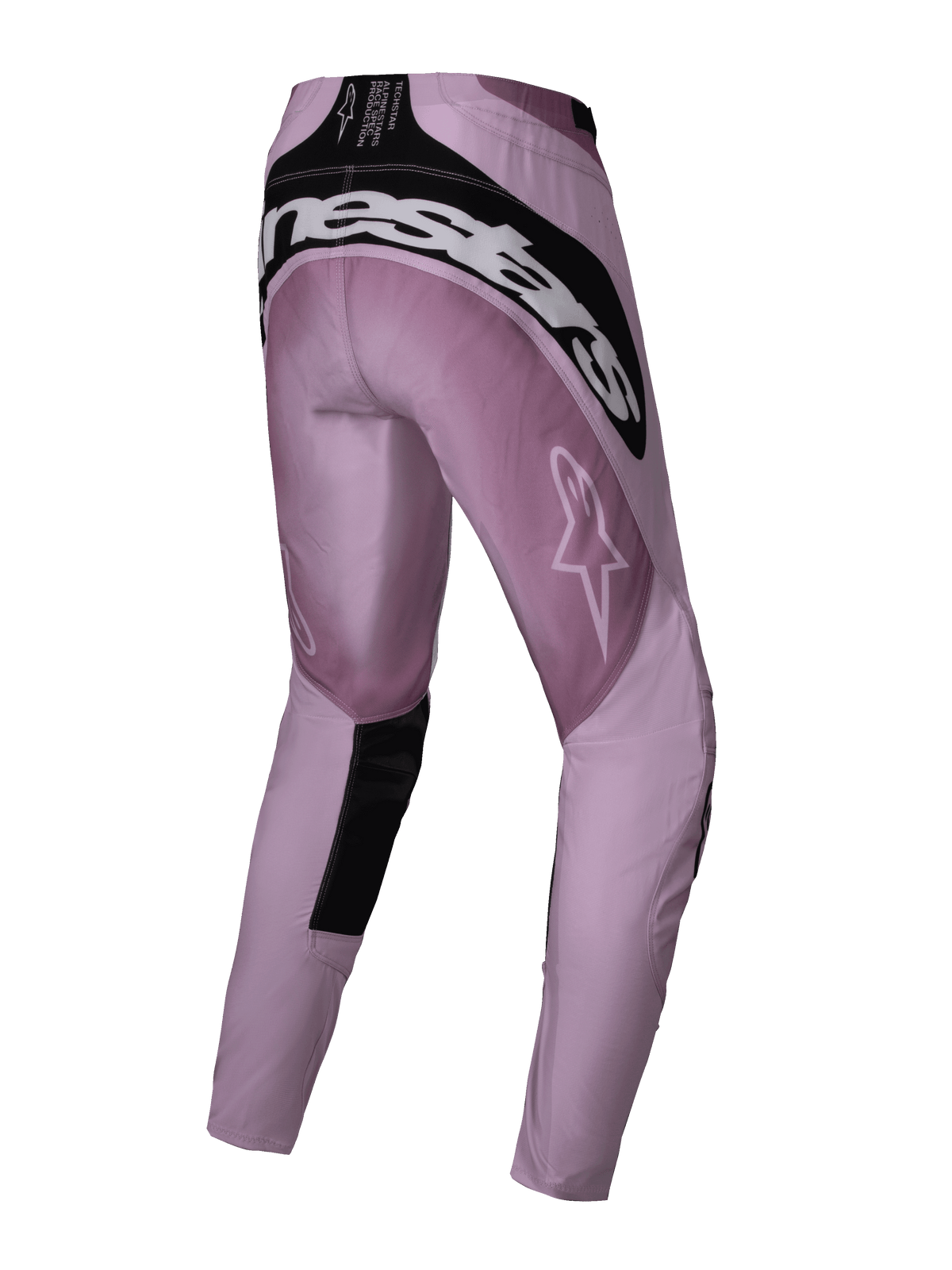 Alpinestars 2025 Stella Techstar Melt byxor, motocrossbyxor för dam, Blush Black, vy bakifrån som visar en vit Alpinestars-logotyp över sätet, svarta förstärkta paneler och en stjärnlogotyp på låret, designade för terrängprestanda
