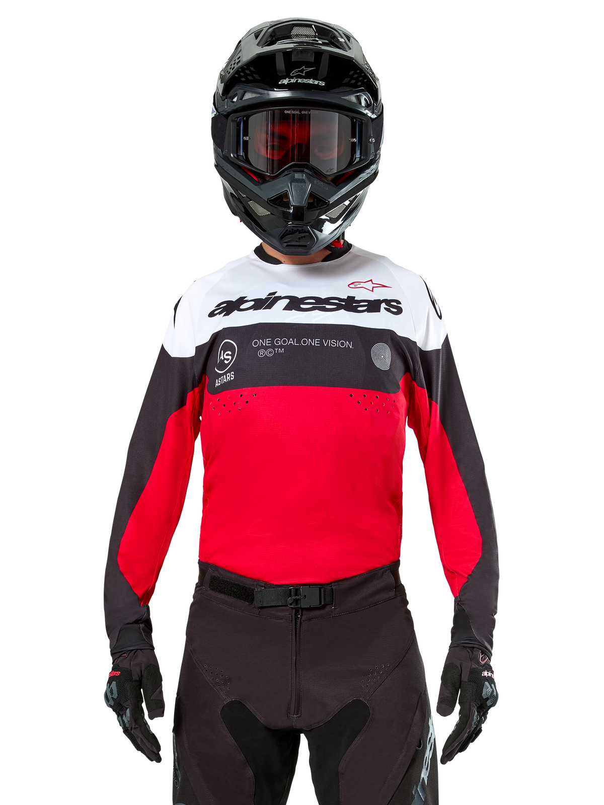 Alpinestars Pro-Dura Jersey, Motocross Jersey, Black Bright Red and White, worn with black helmet and goggles, sporty design with bold Alpinestars branding and laser perforations, performance enduro and off-road racing gear
