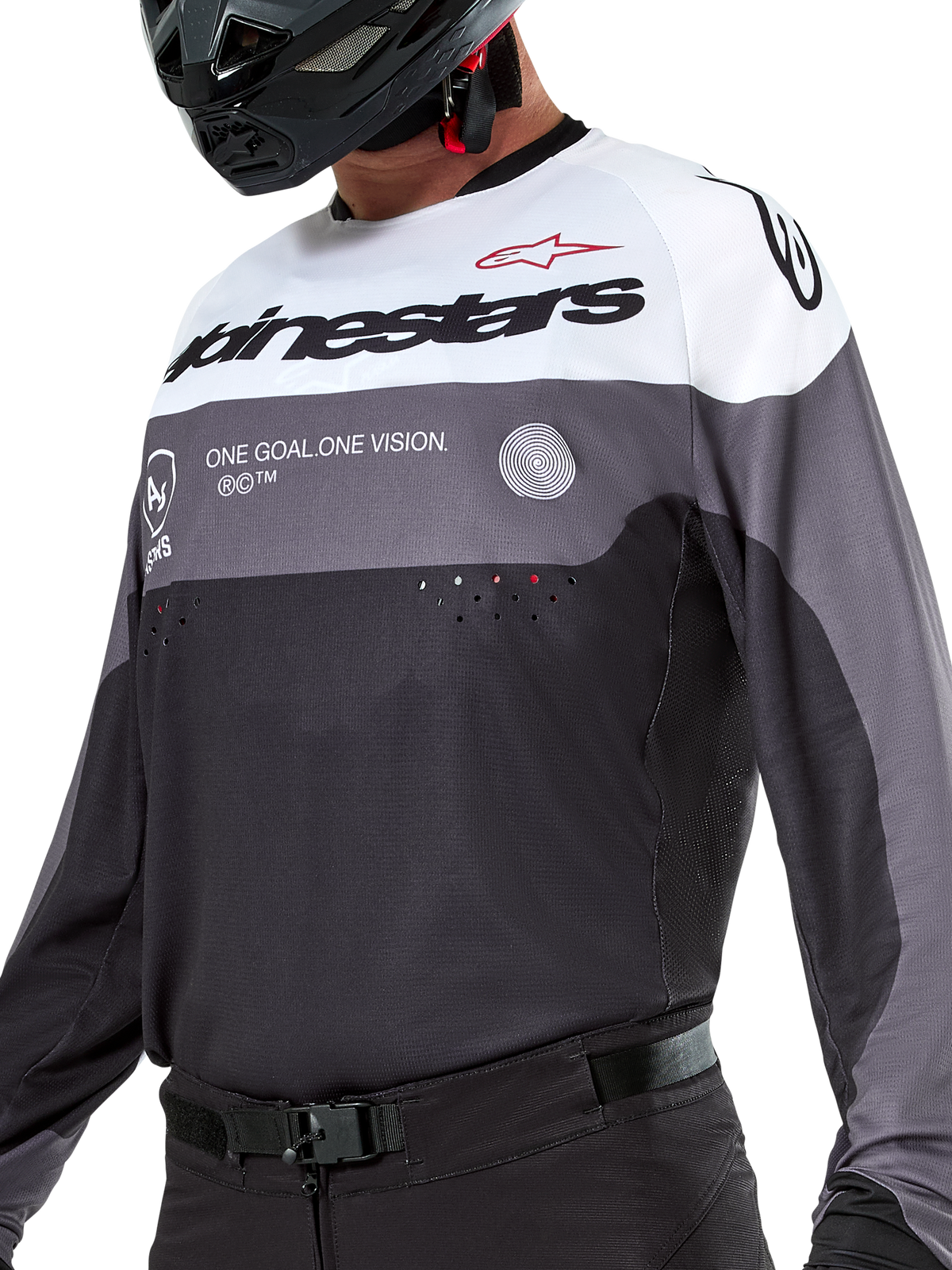 Alpinestars Pro-Dura-tröja, motocross- och endurotröja, svart, grå och vit, teknisk offroad-beklädnad med laserperforeringar och andningsbar konstruktion i poly-material.