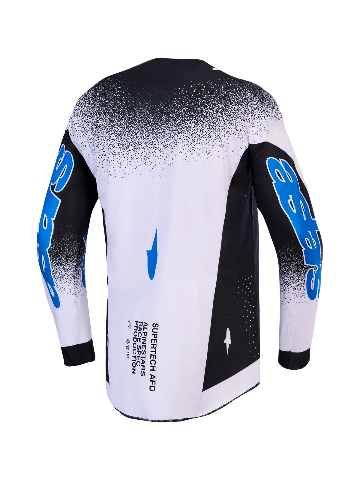 Alpinestars Supertech Hiten AFD tröja, herrmotocrosströja i pro racingpassform, svart och vit med blå ärmgrafik, vy bakifrån.