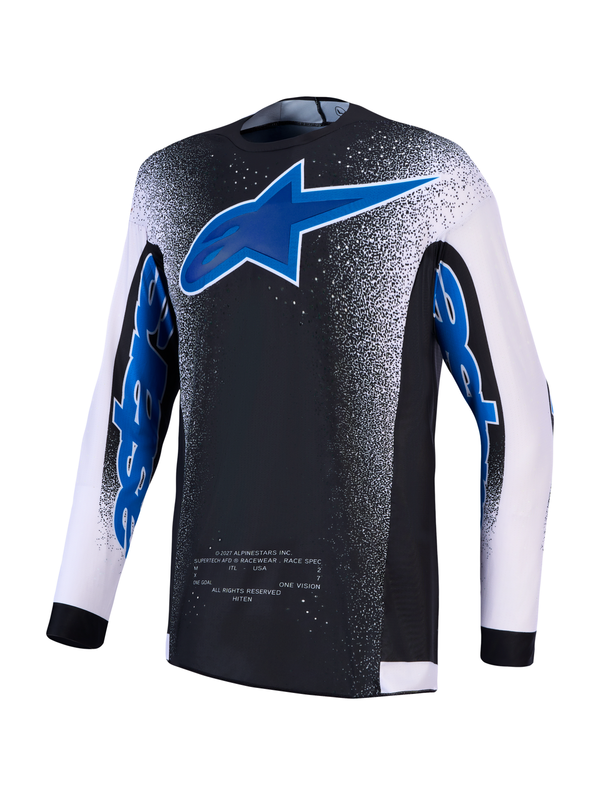 Alpinestars Supertech Hiten AFD tröja, svart och blå motocrosströja med vita ärmar och ventilerad stretchmesh.