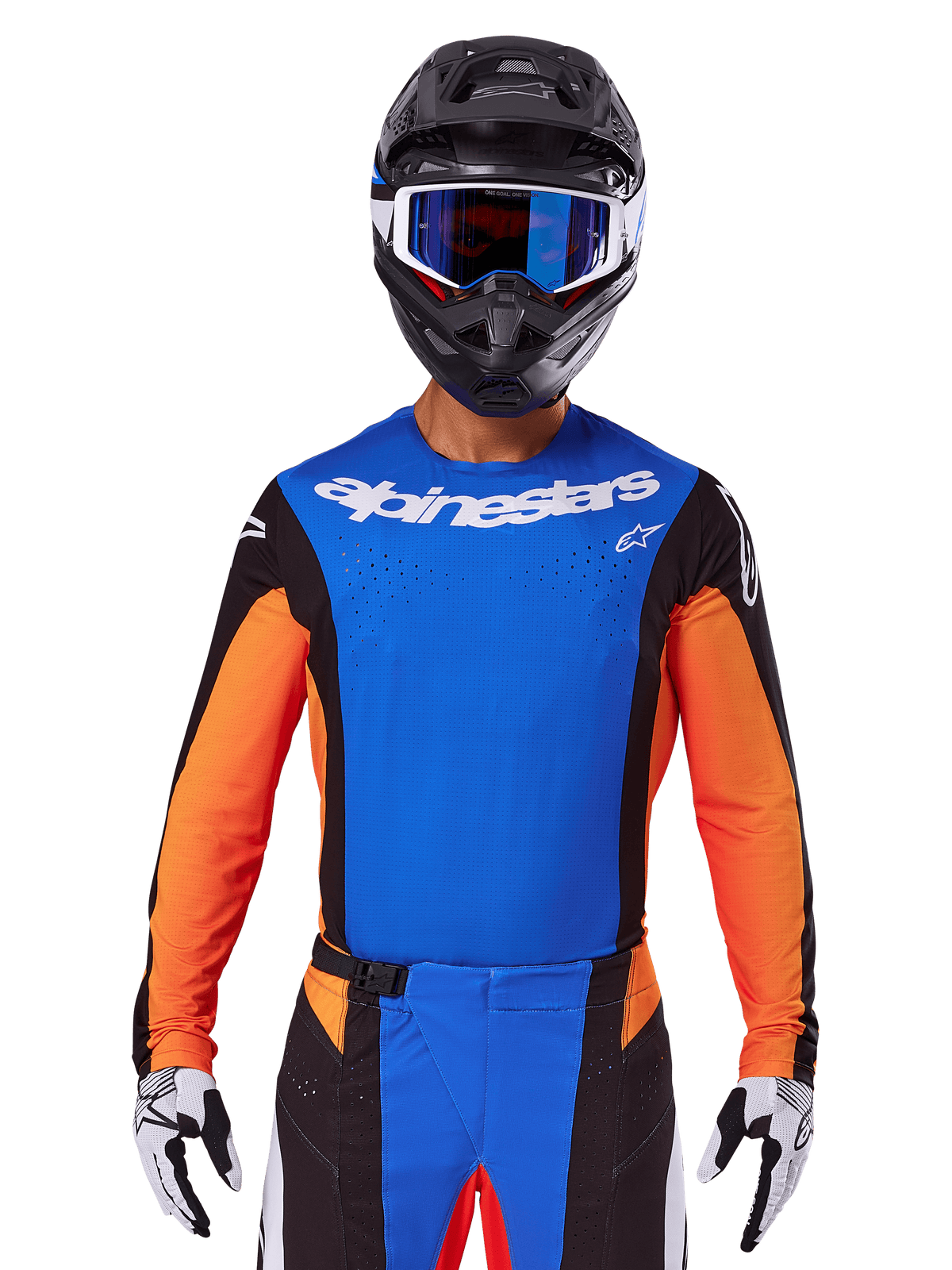 Alpinestars 2025 Techstar Melt Jersey, Motocross Jersey, Blue and Orange with black side panels, worn with black helmet and blue goggles, featuring breathable laser-cut perforations on chest, athletic race fit for off-road performance