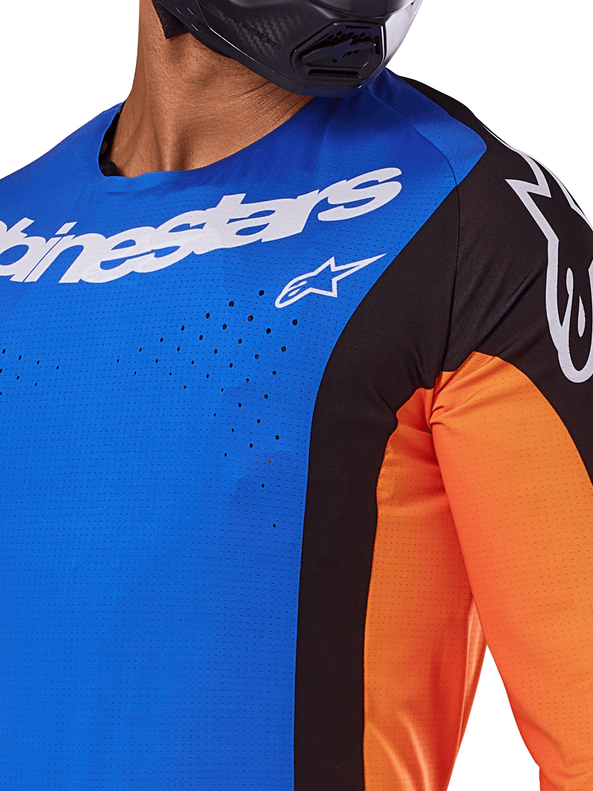 Alpinestars 2025 Techstar Melt Jersey, Motocross Jersey, Blue and Orange with black panels, featuring white Alpinestars branding and visible laser-cut perforations on the chest, worn by a rider in a black helmet