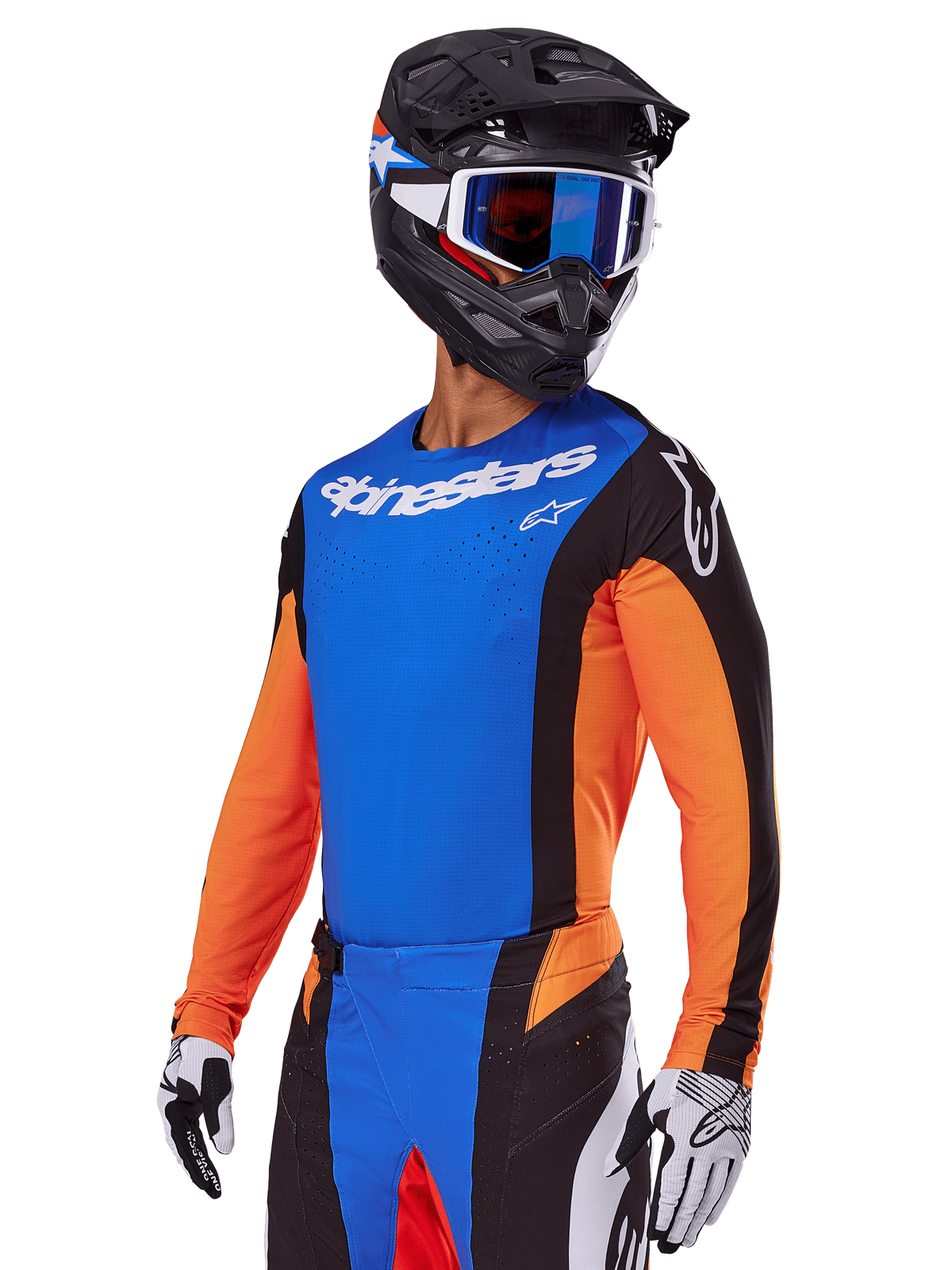 Alpinestars 2025 Techstar Melt Gear Set, Motocross rider wearing a blue jersey with orange sleeves and black side panels, matching blue and black pants, black helmet with blue goggles, white and black gloves, athletic race-fit motocross apparel
