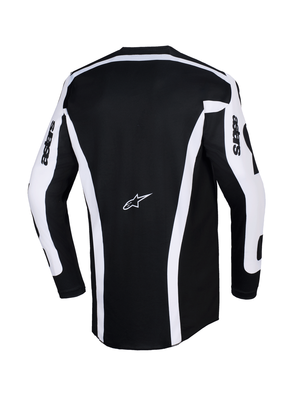 Alpinestars 2026 Racer Riway-tröja, motocrosströja, vit och svart, vy bakifrån som visar svart huvuddel med vita vertikala ränder och ärmpaneler, Astars-logotyp mitt på ryggen, 'astars'-text på ärmarna, förlängd rygg för bättre täckning vid terrängkörning