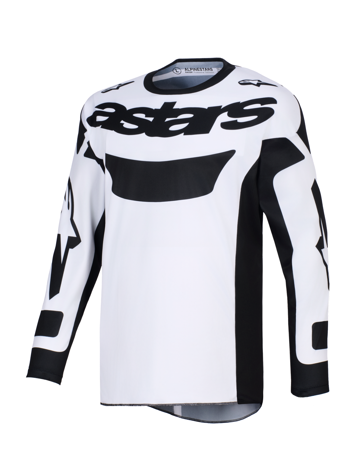 Alpinestars 2026 Racer Riway-tröja, motocrosströja, vit och svart, med framträdande svart 'astars'-logotyp över bröstet, fukttransporterande polytyg och ergonomisk tävlingspassform för terrängkörning