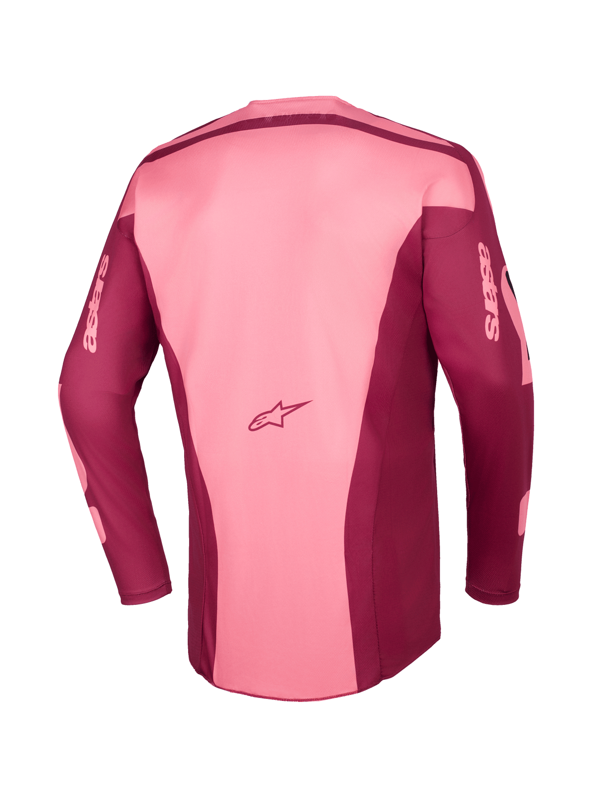 Alpinestars 2026 Racer Riway-tröja, motocrosströja, Dark Red Coral, baksida som visar flerpanelskonstruktion, Astars-logotyp på nedre ryggen och astars-märkning på långa ärmar, prestandautrustning för terrängkörning