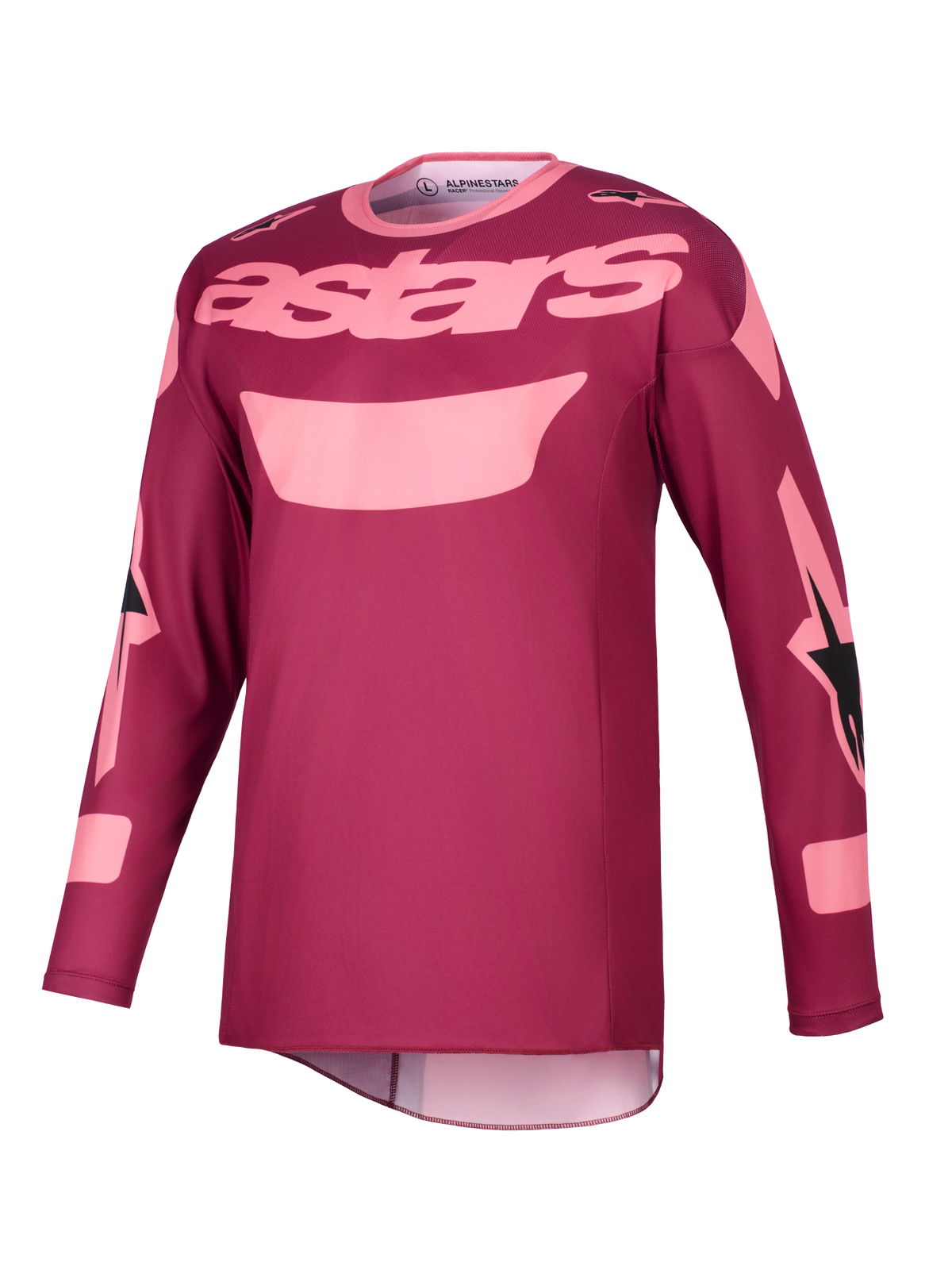 Alpinestars 2026 Racer Riway tröja, motocrosströja, mörkröd korall, med ljusrosa "astars"-text på bröstet och grafiska detaljer på ärmarna, långärmad teknisk körutrustning för offroad-prestanda