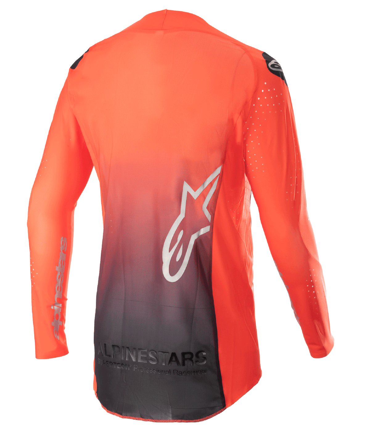 Alpinestars 2023 Supertech Risen-tröja, motocrosströja, Hot Orange och svart, ryggvy med en orange till svart gradientdesign, stor vit stjärnlogotyp på ryggen och ventilerande meshtyg för prestanda vid terrängkörning
