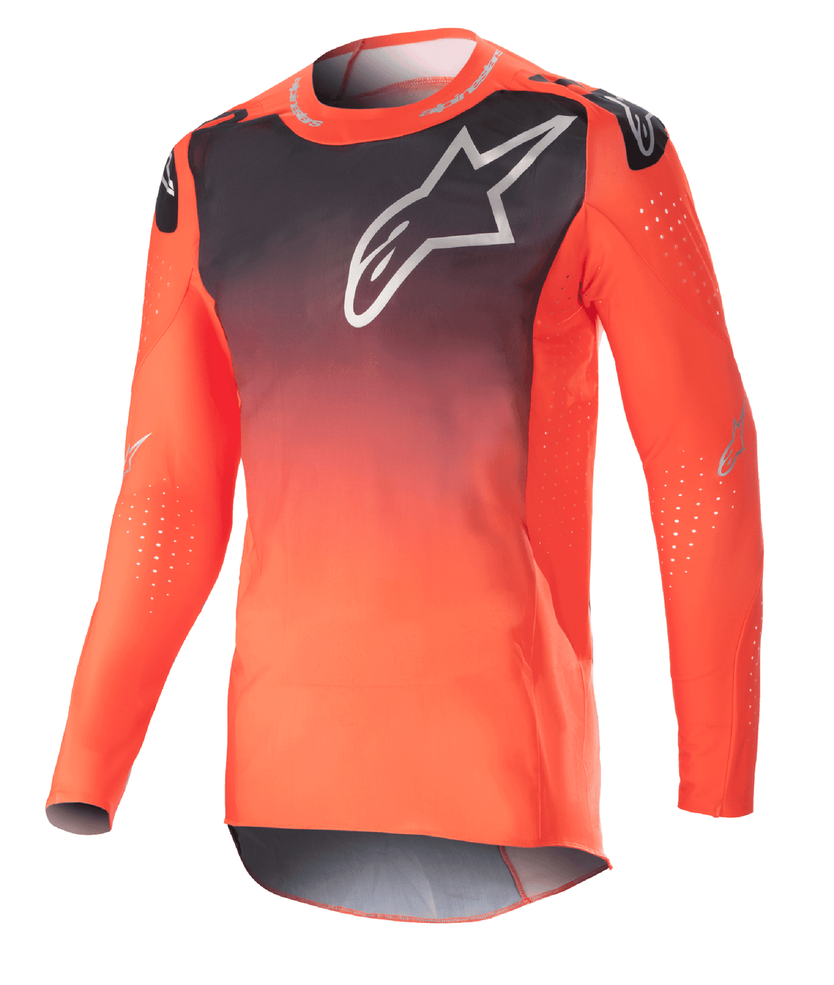 Alpinestars 2023 Supertech Risen tröja, motocrosströja, färgtoning i Hot Orange och svart, stor vit logotyp på bröstet, laserskurna perforeringar för luftflöde, lätt material i stretchnät, atletisk race-passform