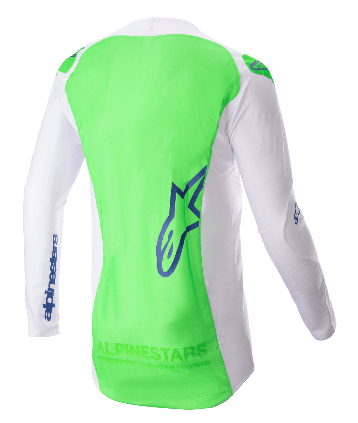 Alpinestars 2023 Supertech Risen-tröja, motocrosströja, vit och neongrön med Blue Ray-detaljer, vy bakifrån som framhäver ventilerande stretchnät och förlängd ryggpanel för bättre täckning, lättviktsutrustning för terrängkörning