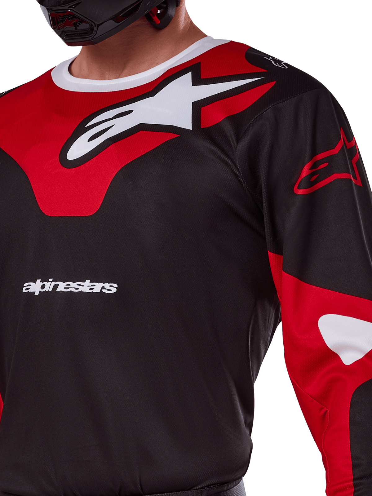 Alpinestars 2025 Racer Veil Jersey, Motocross Jersey, Black and Bright Red, close-up featuring large white Astars logo on a red chest panel, white brand text, and technical moisture-wicking fabric.
