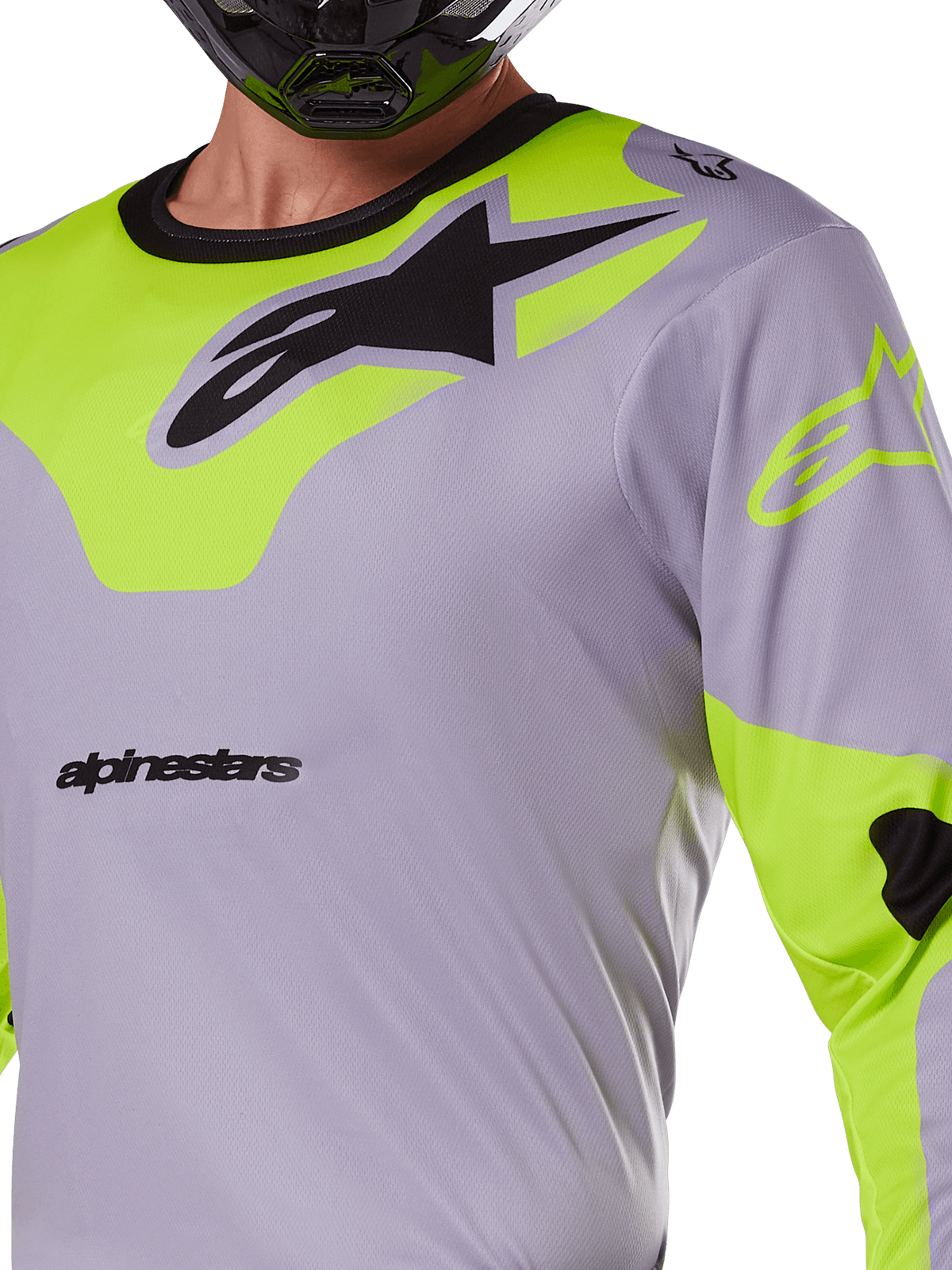 Alpinestars 2025 Racer Veil Jersey, Motocross Jersey, Gray and Yellow Fluo, featuring a large black Astars logo on the chest, neon yellow shoulder and sleeve panels, technical mesh fabric for off-road racing