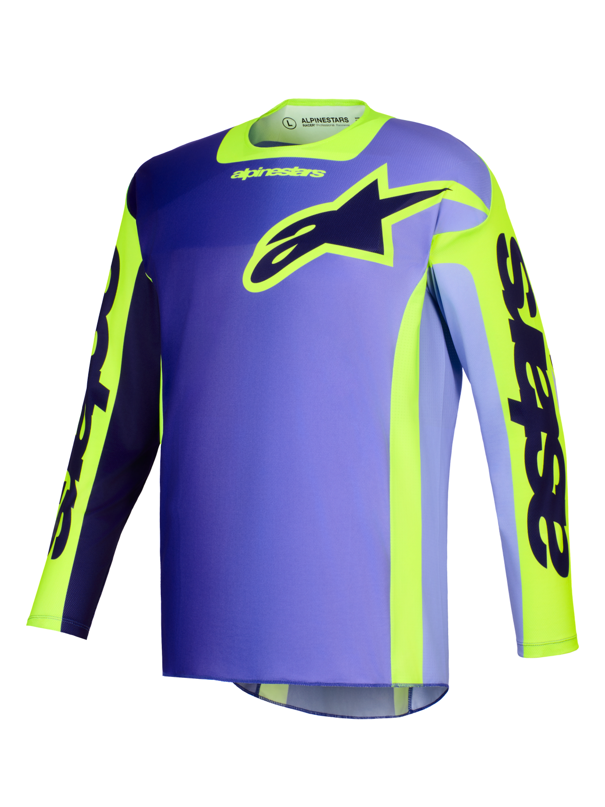 Alpinestars 2026 Racer Portl Jersey, Motocross Jersey, Purple and Yellow Fluo, featuring a gradient purple body with vibrant yellow accents, large Alpinestars star logo on the chest, and 'astars' branding on the sleeves.