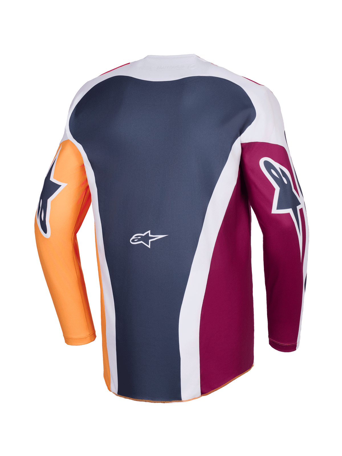 Alpinestars 2026 Racer Portl-tröja, motocrosströja, röd, orange och mörkgrå, vy bakifrån som visar flerpanelskonstruktion, vit Alpinestars-logotyp på nedre delen av ryggen, framträdande grafiska logotyper på de långa ärmarna, prestandautrustning för terrängkörning