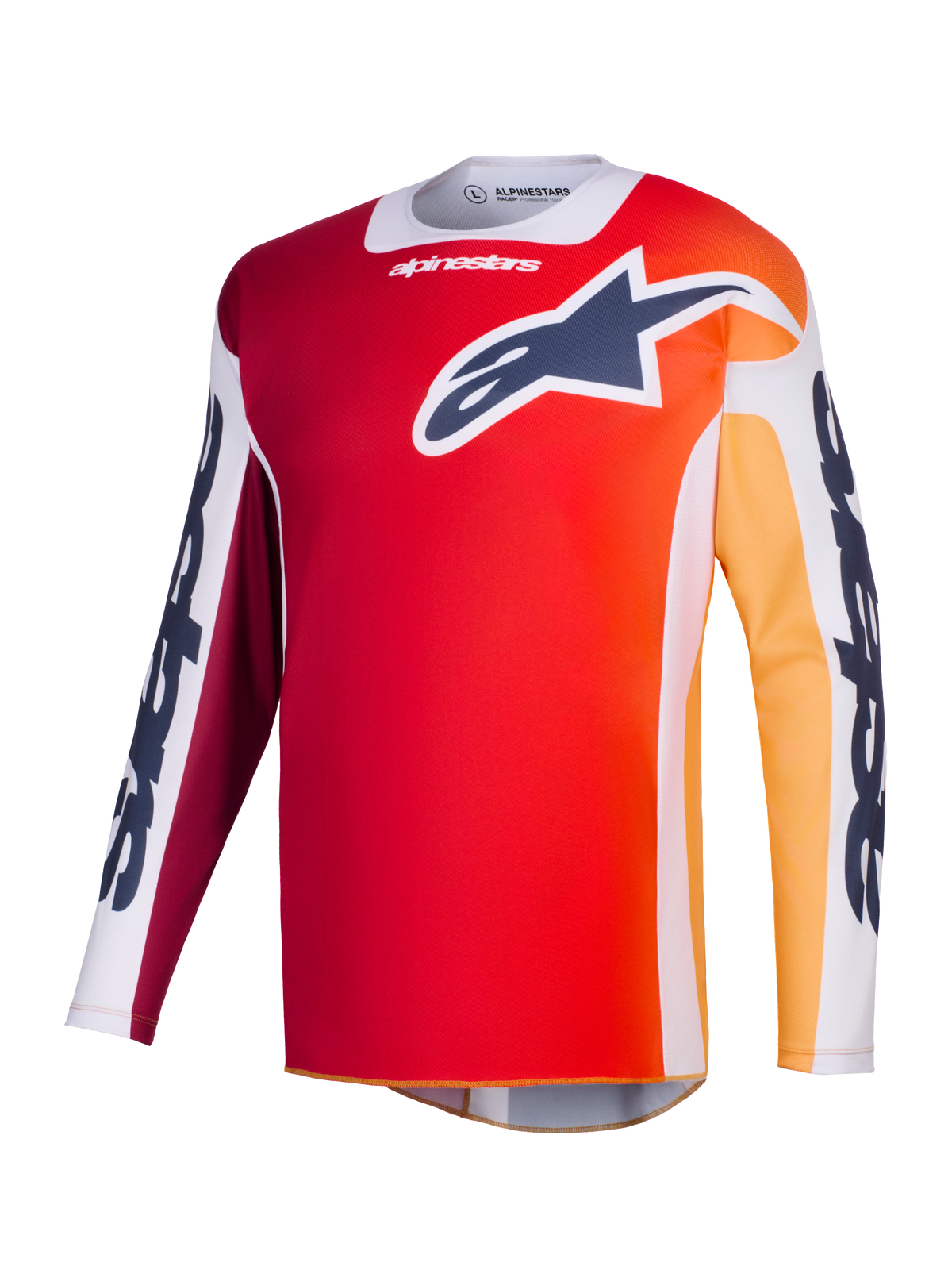 Alpinestars 2026 Racer Portl-tröja, motocrosströja, röd med orange och gul färgövergång, mörkblå Astar-logotyp på bröstet, vita ärmpaneler med tydlig Alpinestars-grafik, teknisk funktionsutrustning för terrängkörning