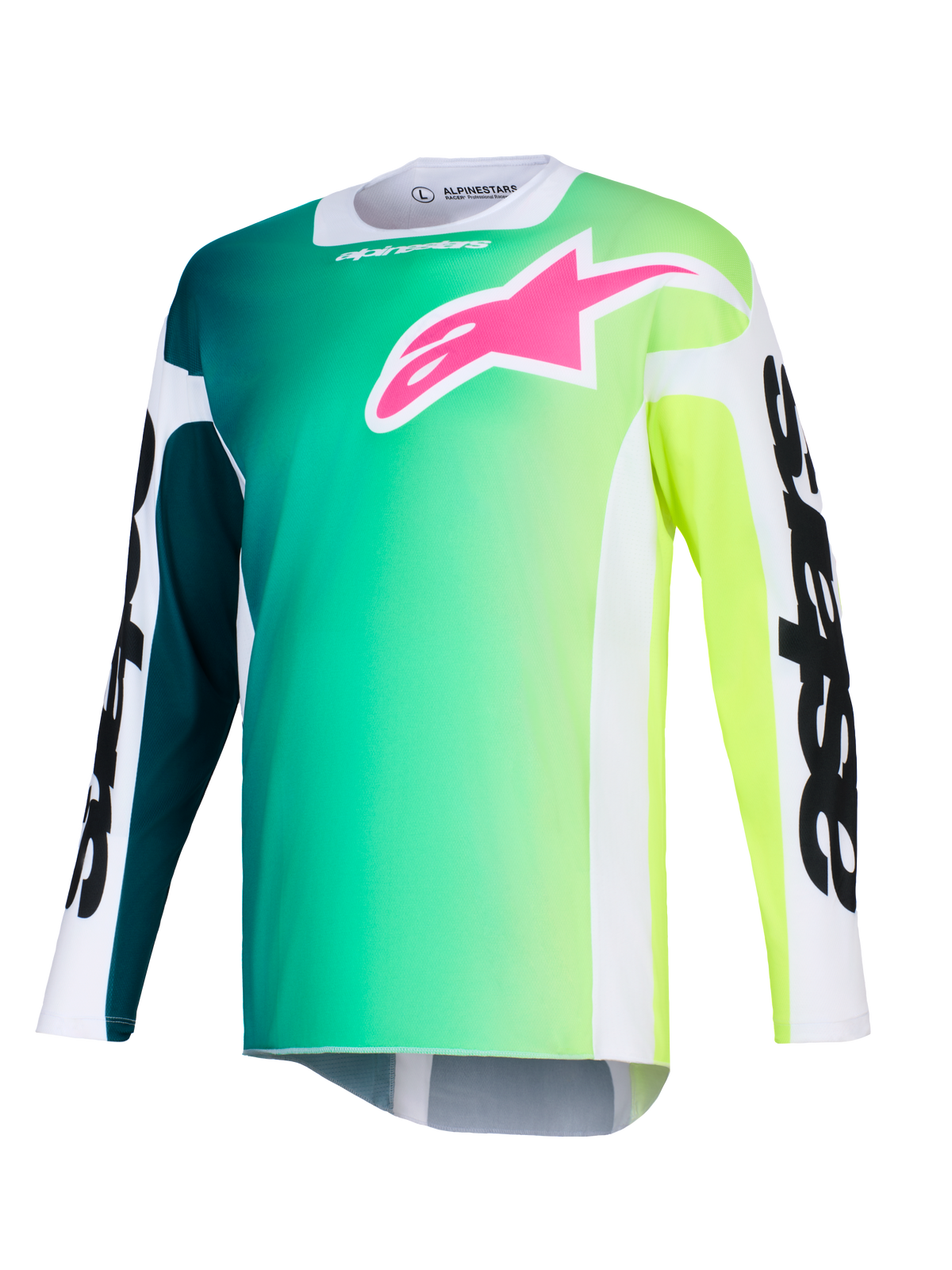 Alpinestars 2026 Racer Portl tröja, motocrosströja, grön och gul färgövergång, klarrosa logotyp på bröstet, vita ärmar med kraftfull svart Alpinestars-text, lättviktigt funktionsmaterial för terrängkörning