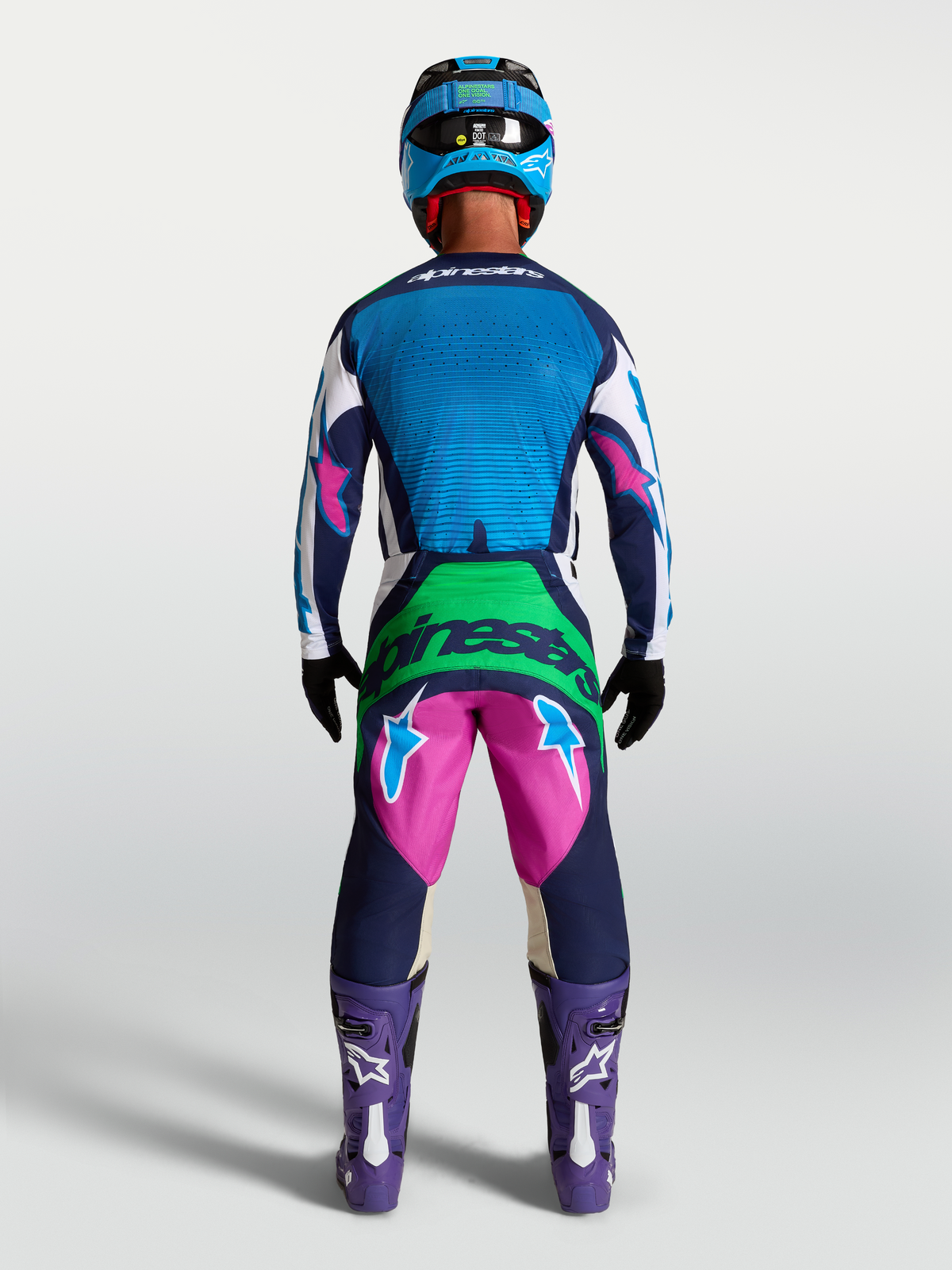 Alpinestars Techstar Maven tröja, motocrossutrustning för herrar, blå och marinblå, vy bakifrån med laserskuren ventilation.