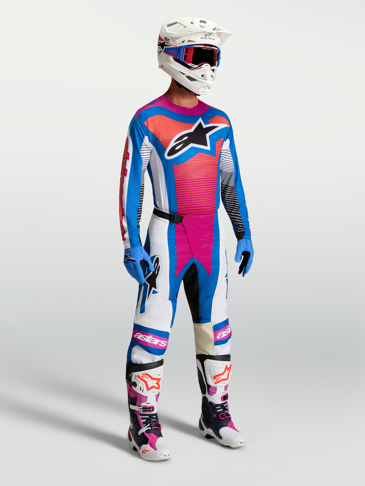 Alpinestars Techstar Maven tröja och utrustningsset, blå och korall motocrossutrustning för herrar med atletisk passform.