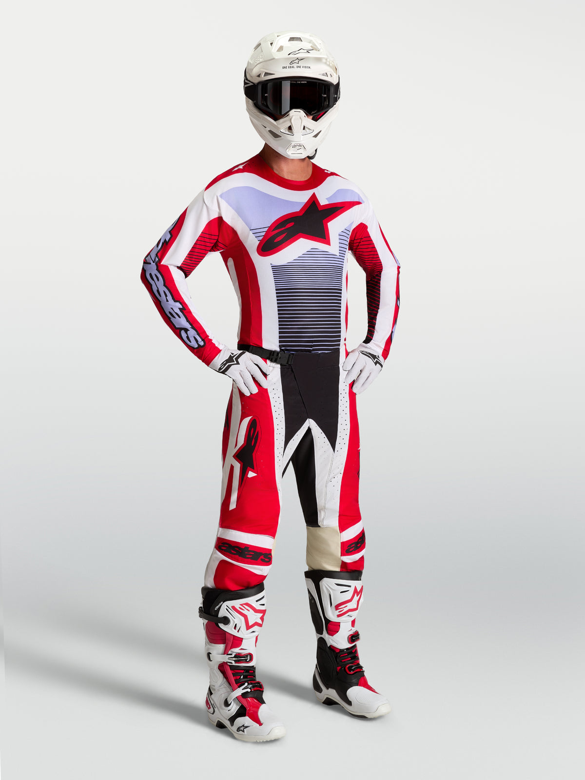 Alpinestars Techstar Maven motocross-ställ för herrar, röd, vit och lila tröja och byxor, atletisk racingpassform