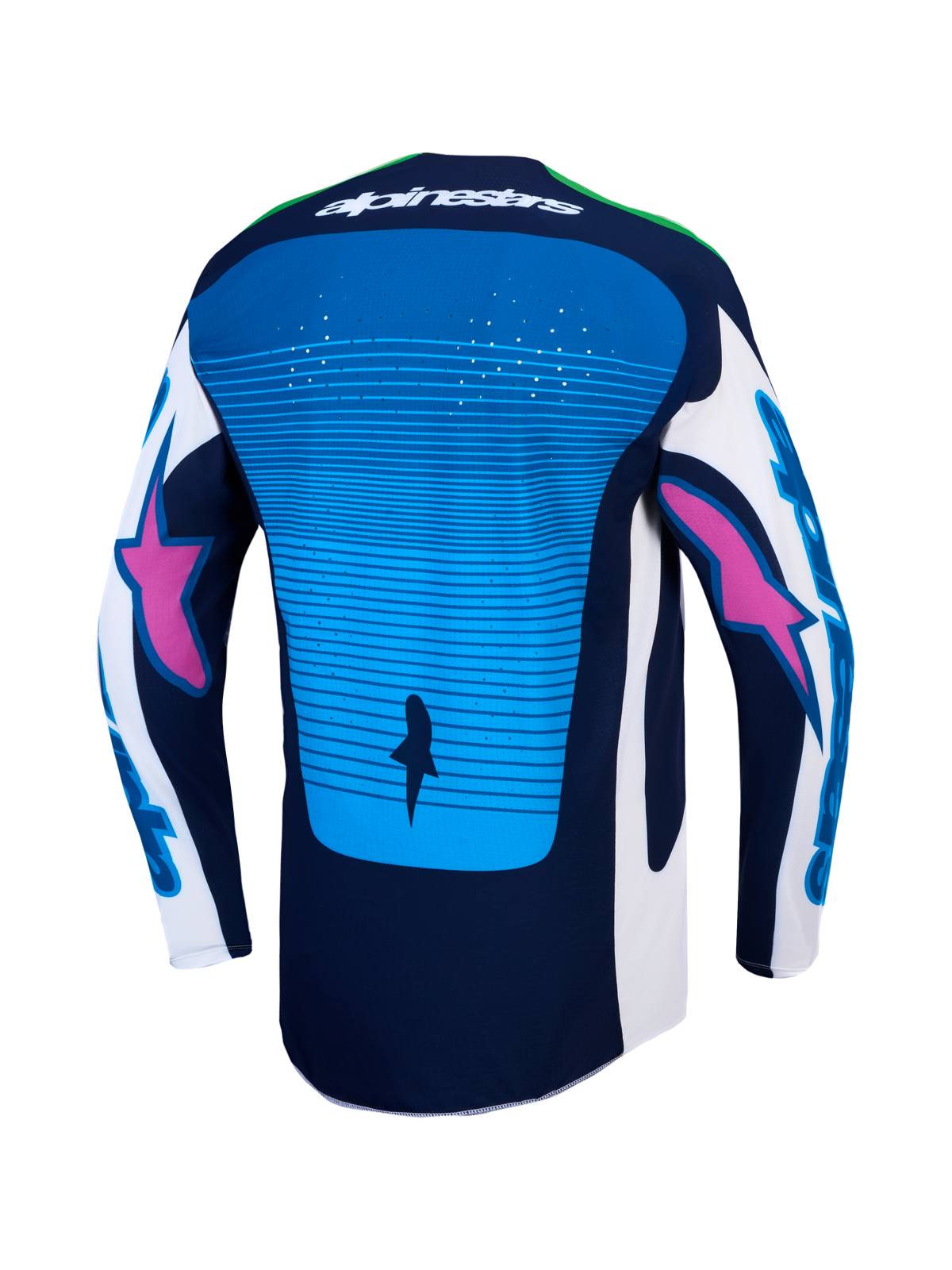 Alpinestars Techstar Maven tröja och utrustningsset, blå och mörkblå motocrosströja bakifrån, laserskuren ventilation.