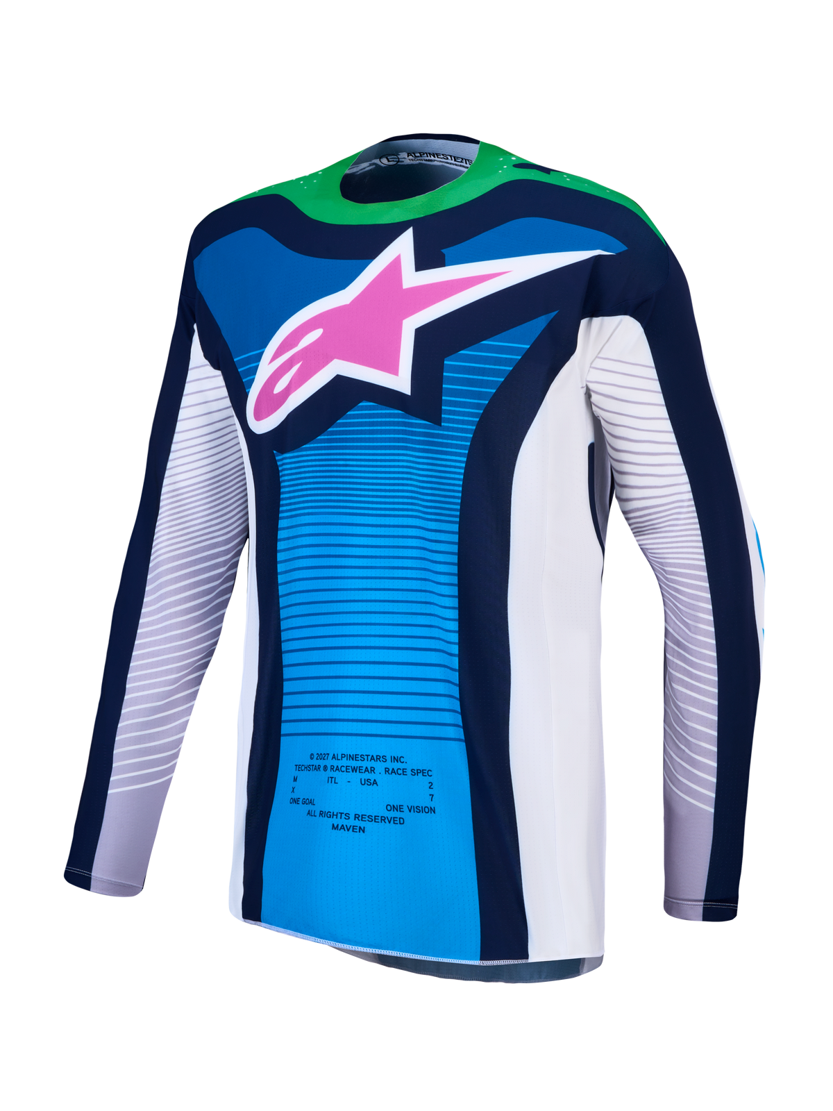 Alpinestars Techstar Maven tröja och 2027 utrustningsset, blå och neongrön motocrosströja med rosa stjärnlogotyp.