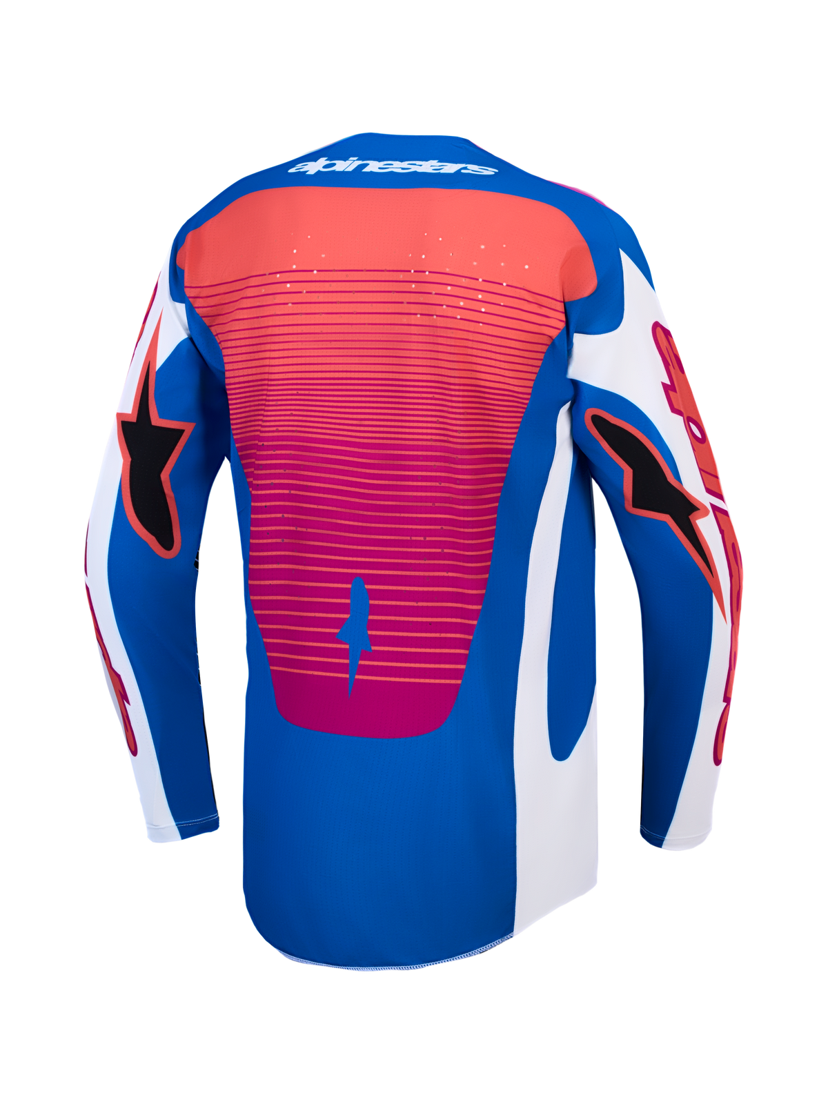 Alpinestars Techstar Maven tröja, vy bakifrån, blå och röd motocrosströja med laserskuren ventilation och atletisk passform.