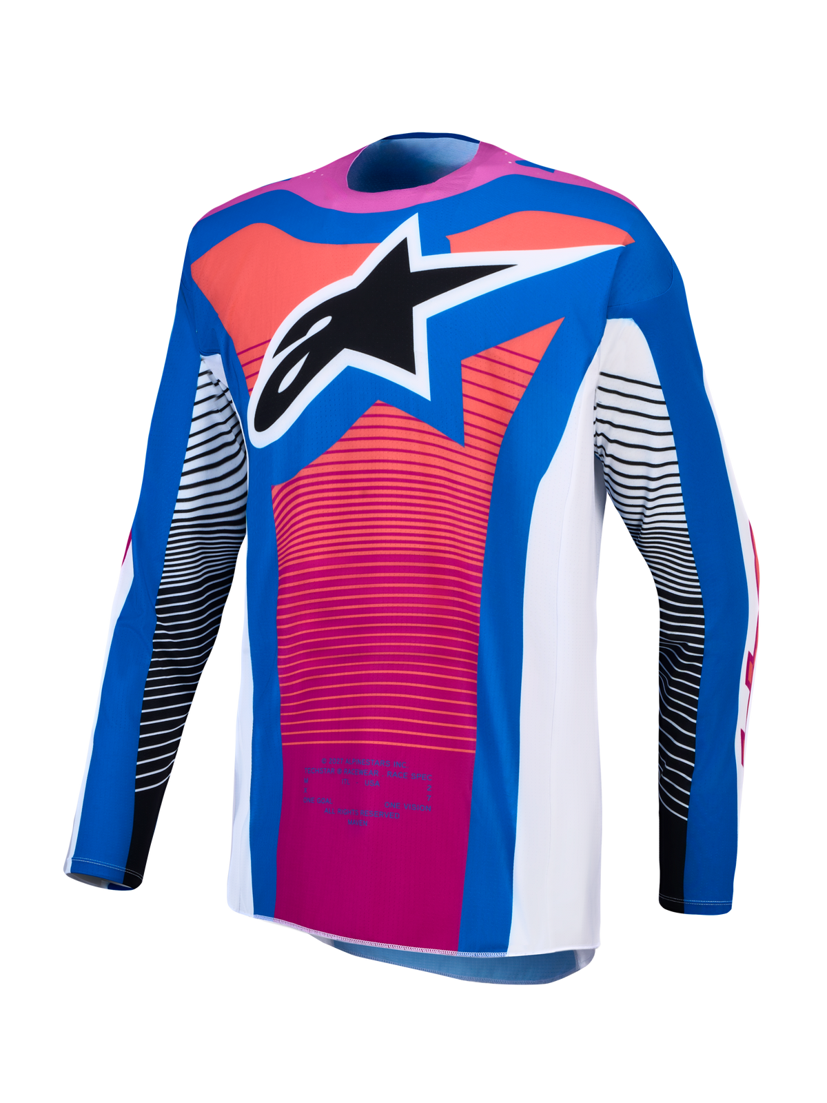 Alpinestars Techstar Maven tröja, blå och rosa motocrosströja för tävling med atletisk passform och framträdande stjärnlogotyp.