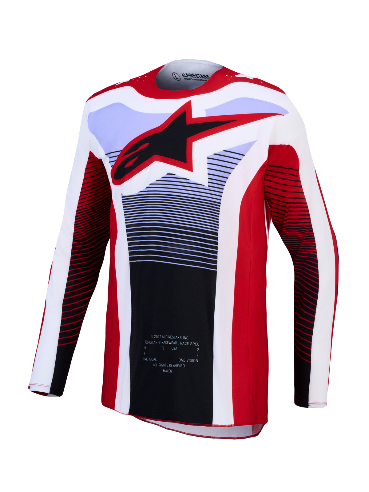 Alpinestars Techstar Maven tröja, röd och vit motocrosströja med svart stjärnlogotyp och andningsbart material för racing.