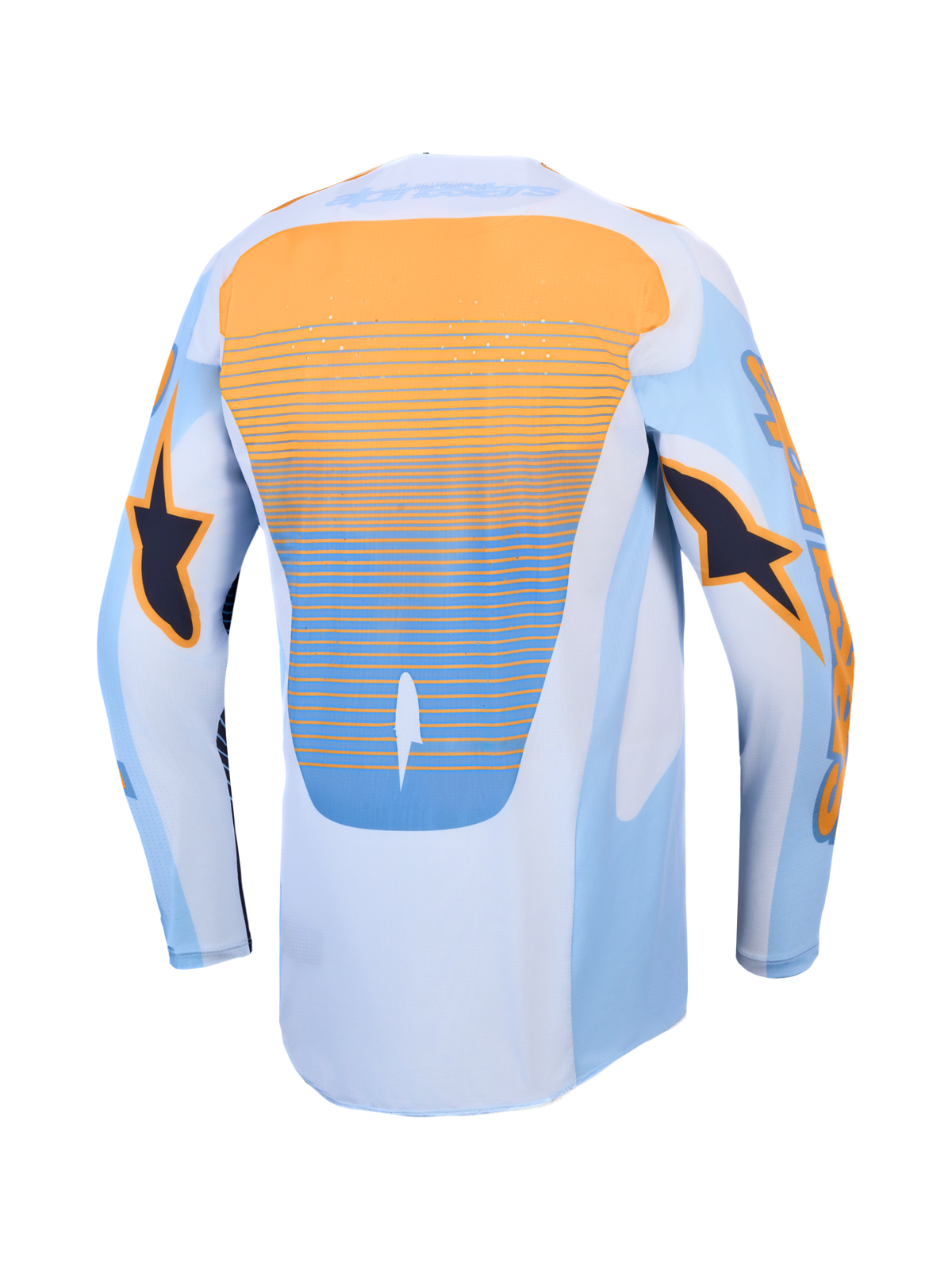 Alpinestars Techstar Maven tröja, motocrosströja i blått och orange, vy bakifrån med laserskuren ventilation och förlängd rygg för optimal terrängkörning.