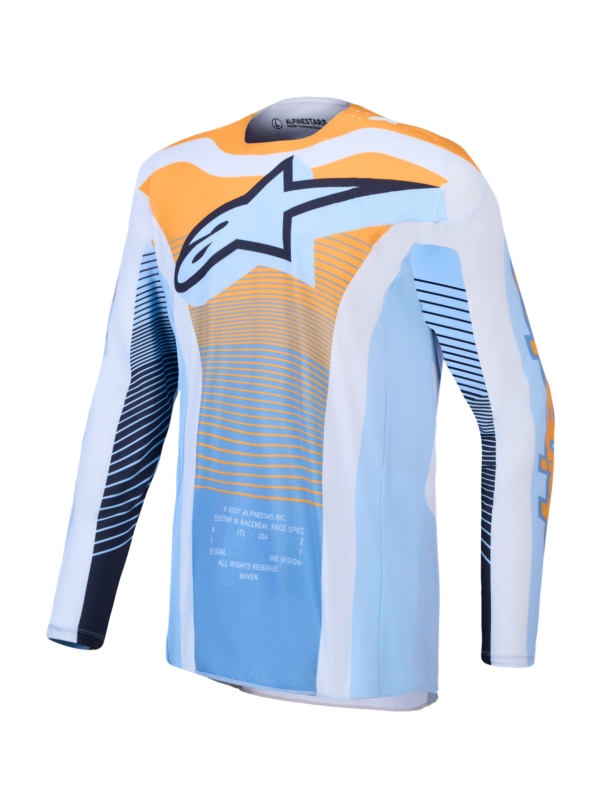 Alpinestars Techstar Maven tröja, dammblå och orange motocrosströja, atletisk passform med fuktavledande material och laserskuren ventilation för terrängkörning.