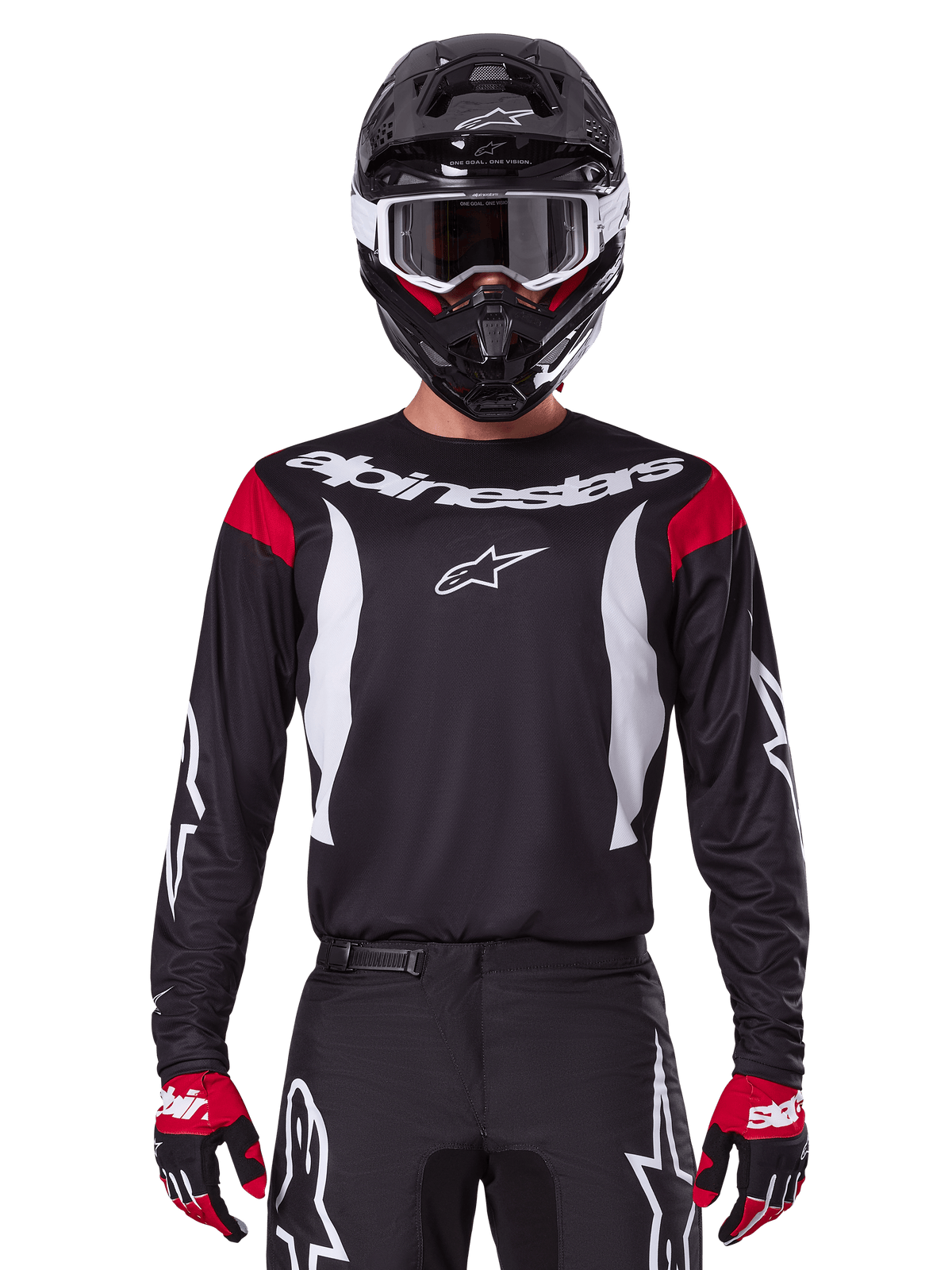 Alpinestars 2025 Fluid Haul tröja och utrustningsset, svart och vit herrmotocrossutrustning med röda detaljer.