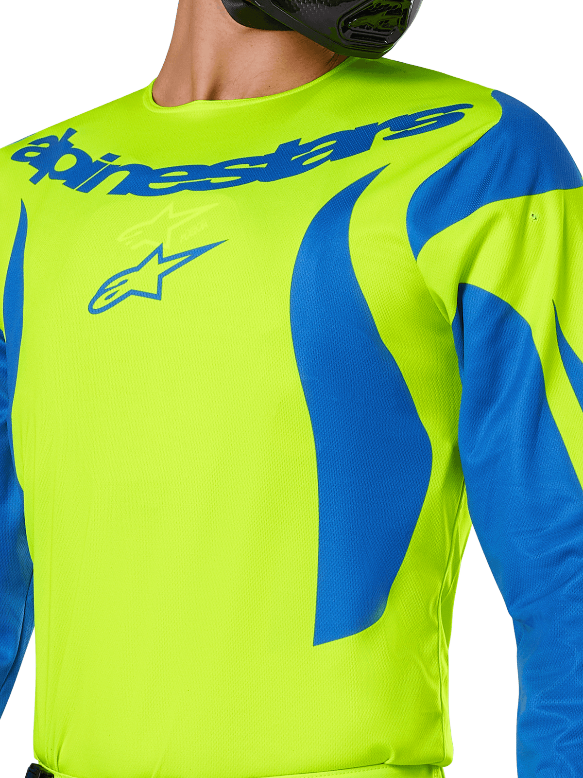 Alpinestars 2025 Fluid Haul tröja, motocrosströja, neongul och blå, med tydlig blå Alpinestars-logotyp över bröstet och vågiga blå mönster på axlarna, atletisk passform för terrängkörning
