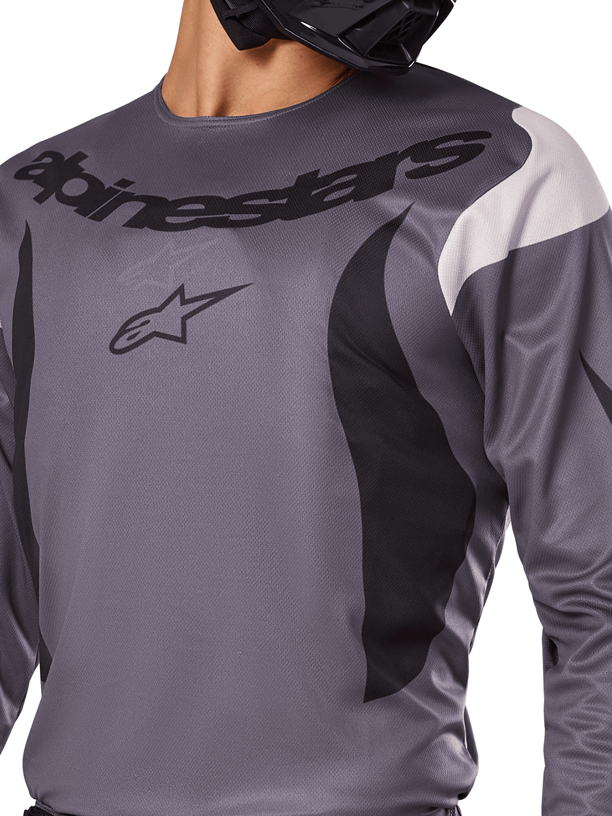 Alpinestars 2025 Fluid Haul tröja, motocrosströja, grå med svarta och vita detaljer, med Alpinestars-logotyp och ordmärke på bröstet, sportig passform för terrängkörning