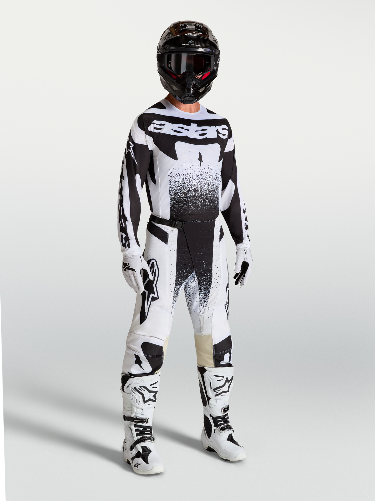 Alpinestars Techstar Swan tröja och Techstar Swan Gear Set, komplett motocrossoutfit för herr i svart och vitt med Swan-grafik, högpresterande terrängutrustning.