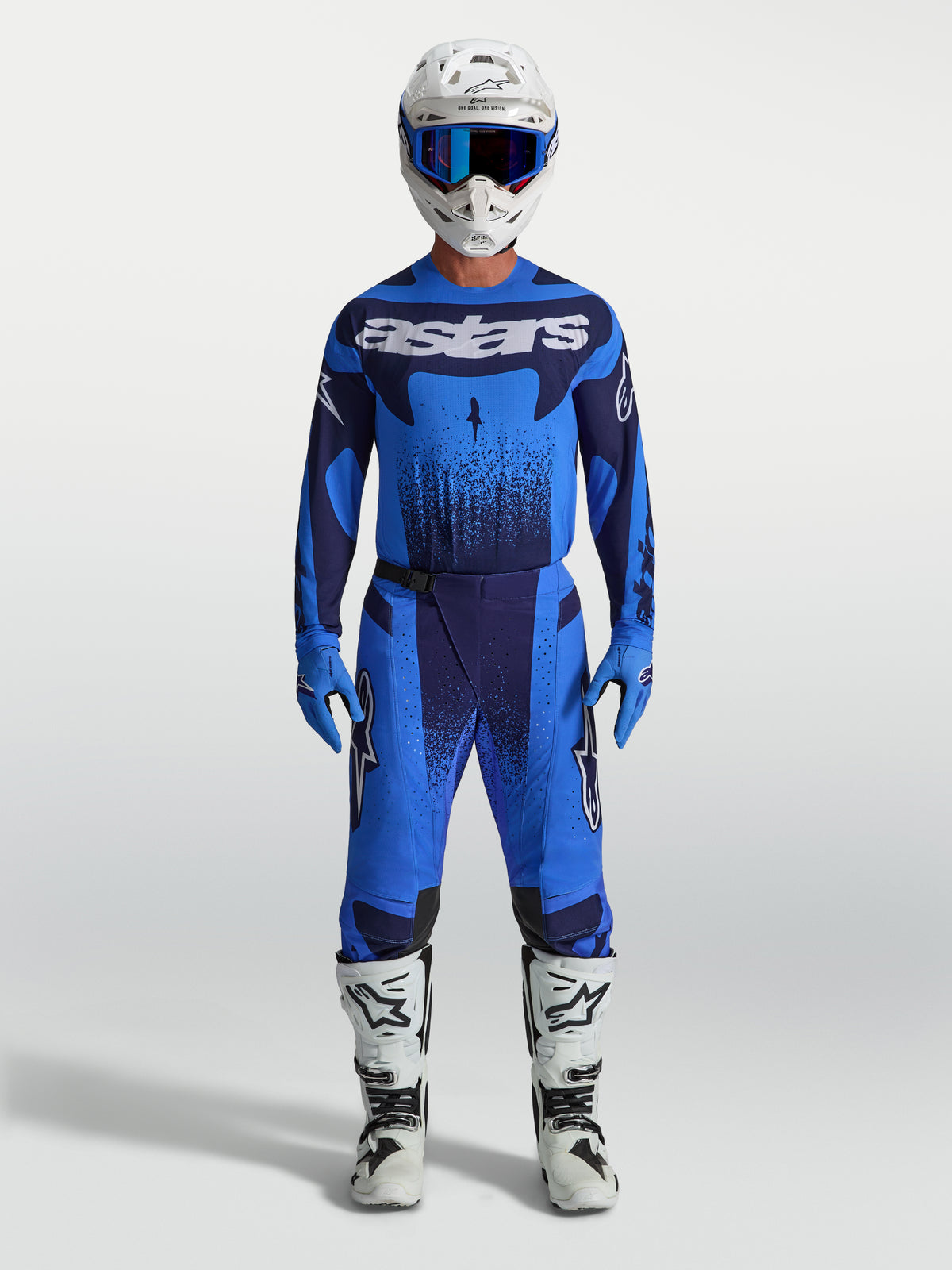 Alpinestars Techstar Swan gear set, blått motocross-ställ för herrar, blå och mörkblå, atletisk tävlingspassform.