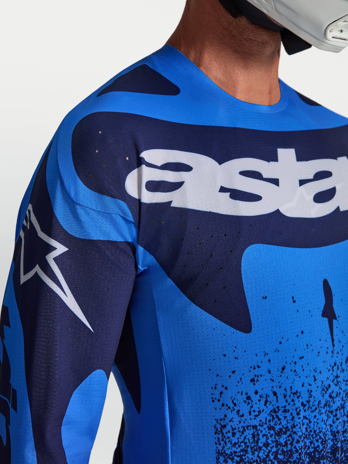 Alpinestars Techstar Swan tröja, motocrosströja för herr, blå och mörkblå, laserperforerad ventilation och vita logotyper, stretchmaterial för terrängkörning