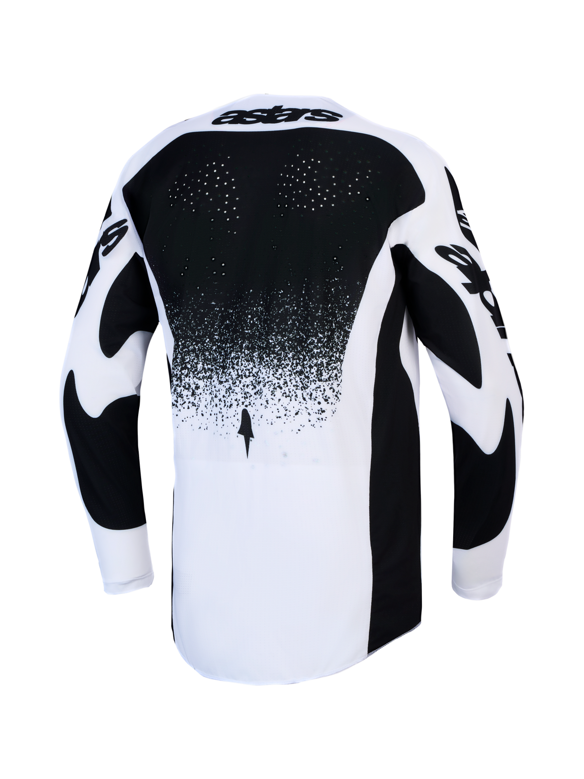 Alpinestars Techstar Swan tröja, motocrosströja för herr, svart och vit, vy bakifrån med laserperforerad ventilation och förlängd rygg