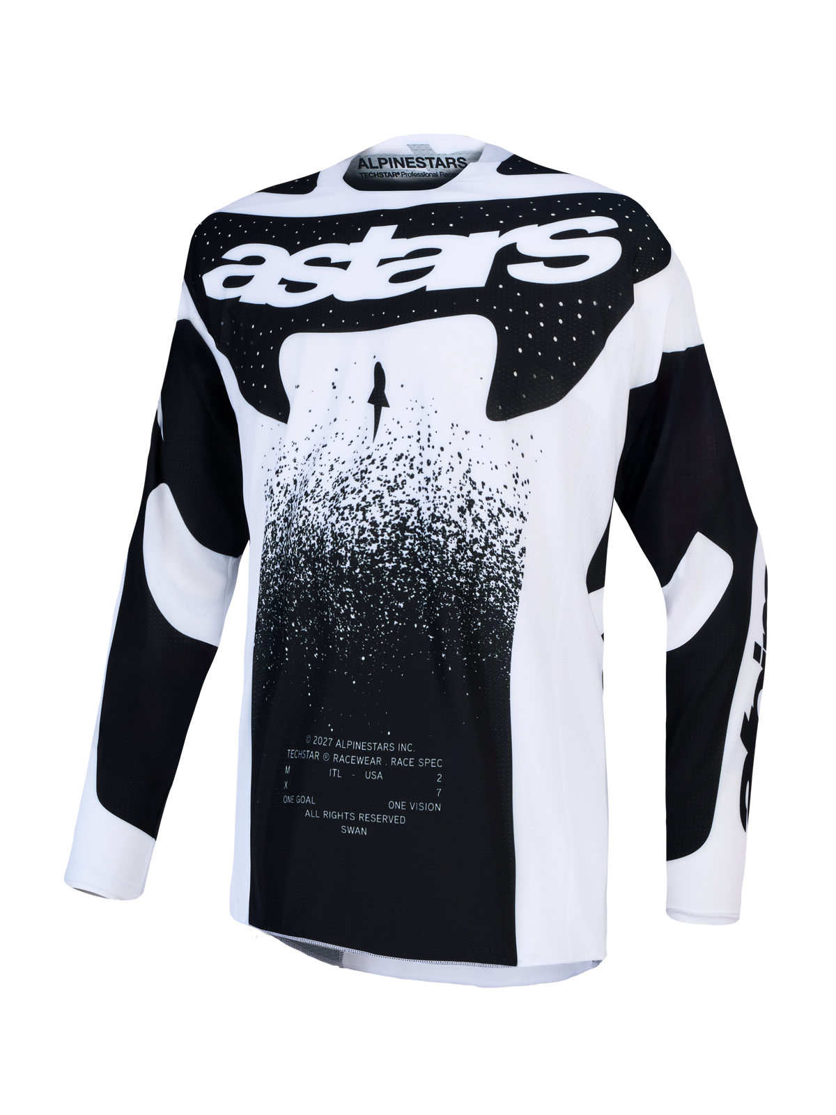 Alpinestars Techstar Swan tröja, motocrosströja för herrar, vit och svart, lätt stretchmaterial med grafiska detaljer för racing.