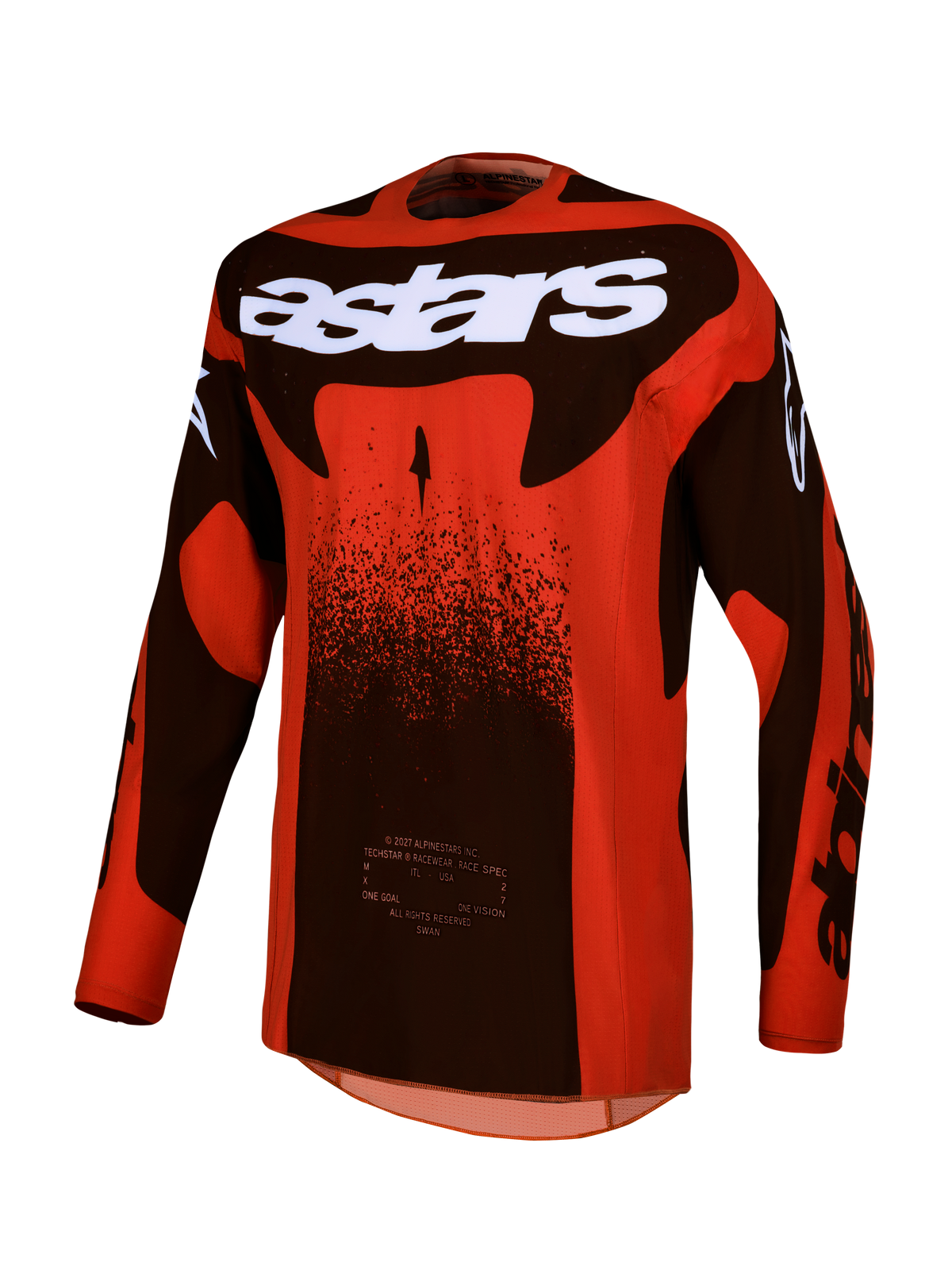 Alpinestars Techstar Swan tröja, motocrosströja för herr, röd och svart, lätt stretchtyg, vit astars-logotyp på bröstet, racingpassform för terrängkörning