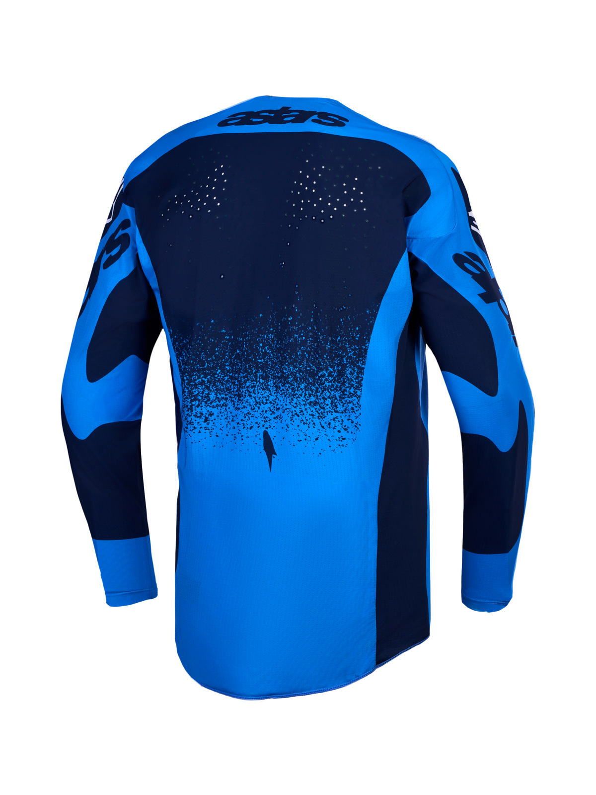 Alpinestars Techstar Swan tröja, motocrosströja för herrar, vy bakifrån i ljusblått och mörkblått, laserperforeringar för ventilation, förlängd rygg för bättre täckning, atletisk tävlingspassform för off-road racing