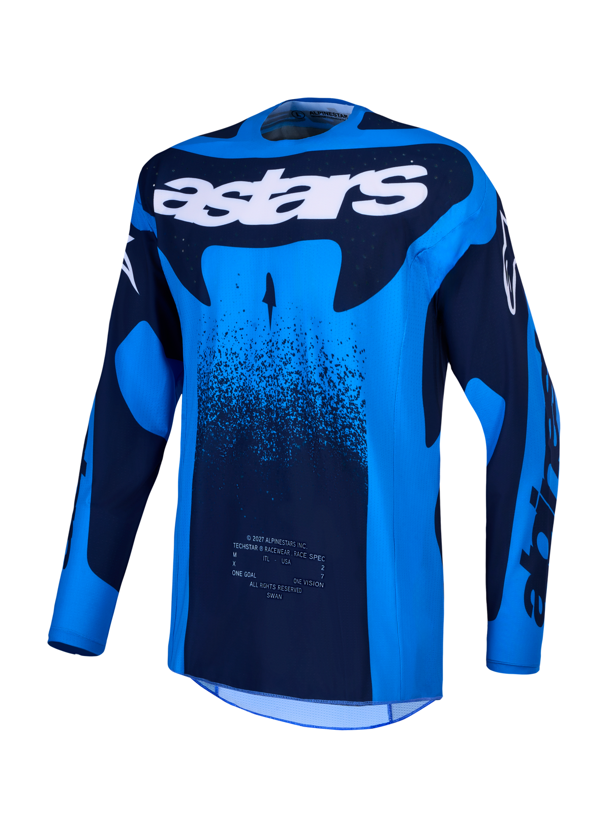 Alpinestars Techstar Swan tröja, blå och mörkblå motocrosströja för herr med fukttransporterande material, laserskuren ventilation och vit astars-logotyp.