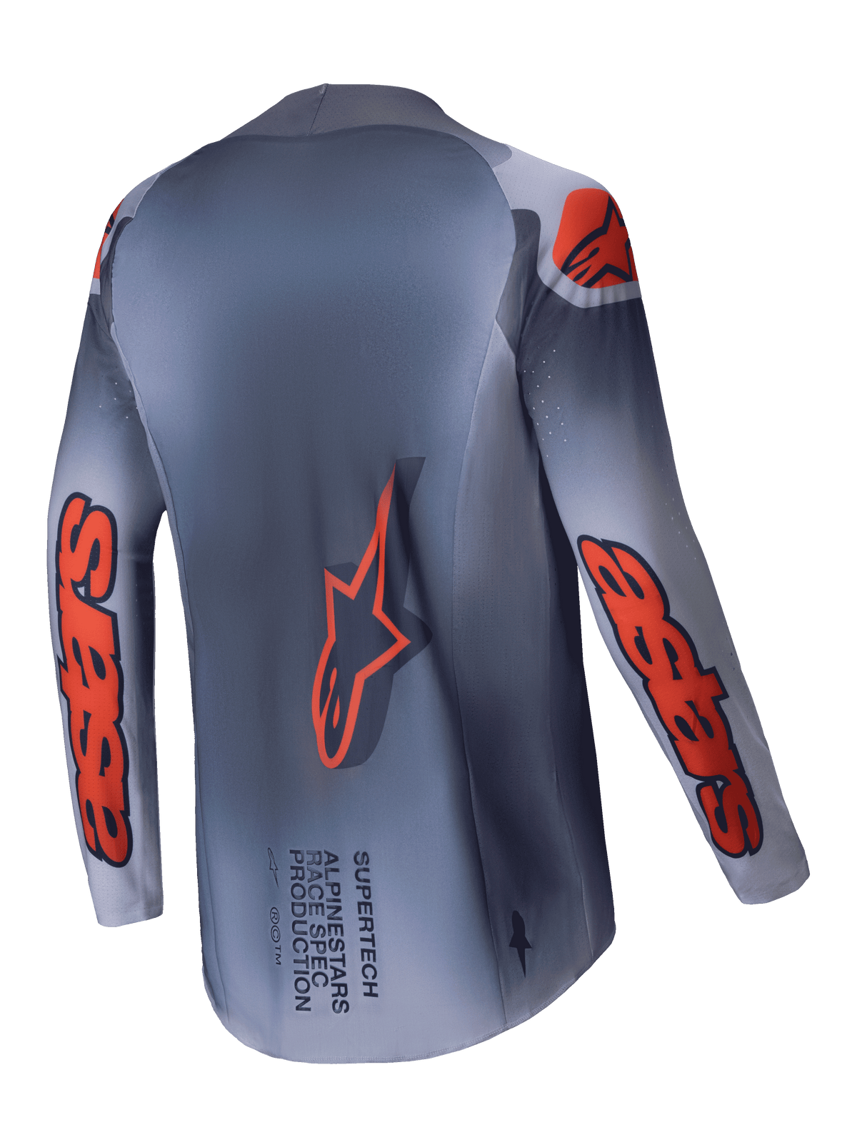 2025 Supertech Lipan tröja, motocrossracingtröja för herr, grå och orange fluo, lätt stretchmesh med förlängd ryggpanel och varumärkesdetaljer på baksidan