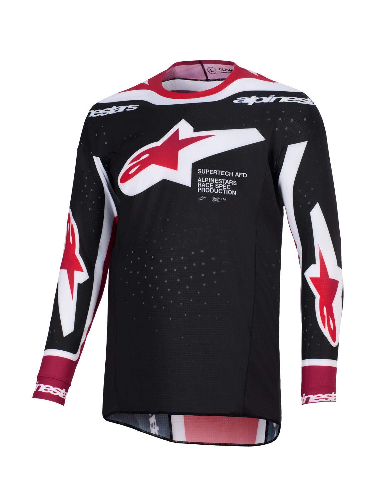 Alpinestars 2026 Supertech AFD Vista Jersey, motocross-tröja, svart, röd och vit, med en stor röd och vit Alpinestars-stjärnlogotyp på bröstet och texten "Supertech AFD", perforerat meshtyg för ventilation och atletisk racingpassform.