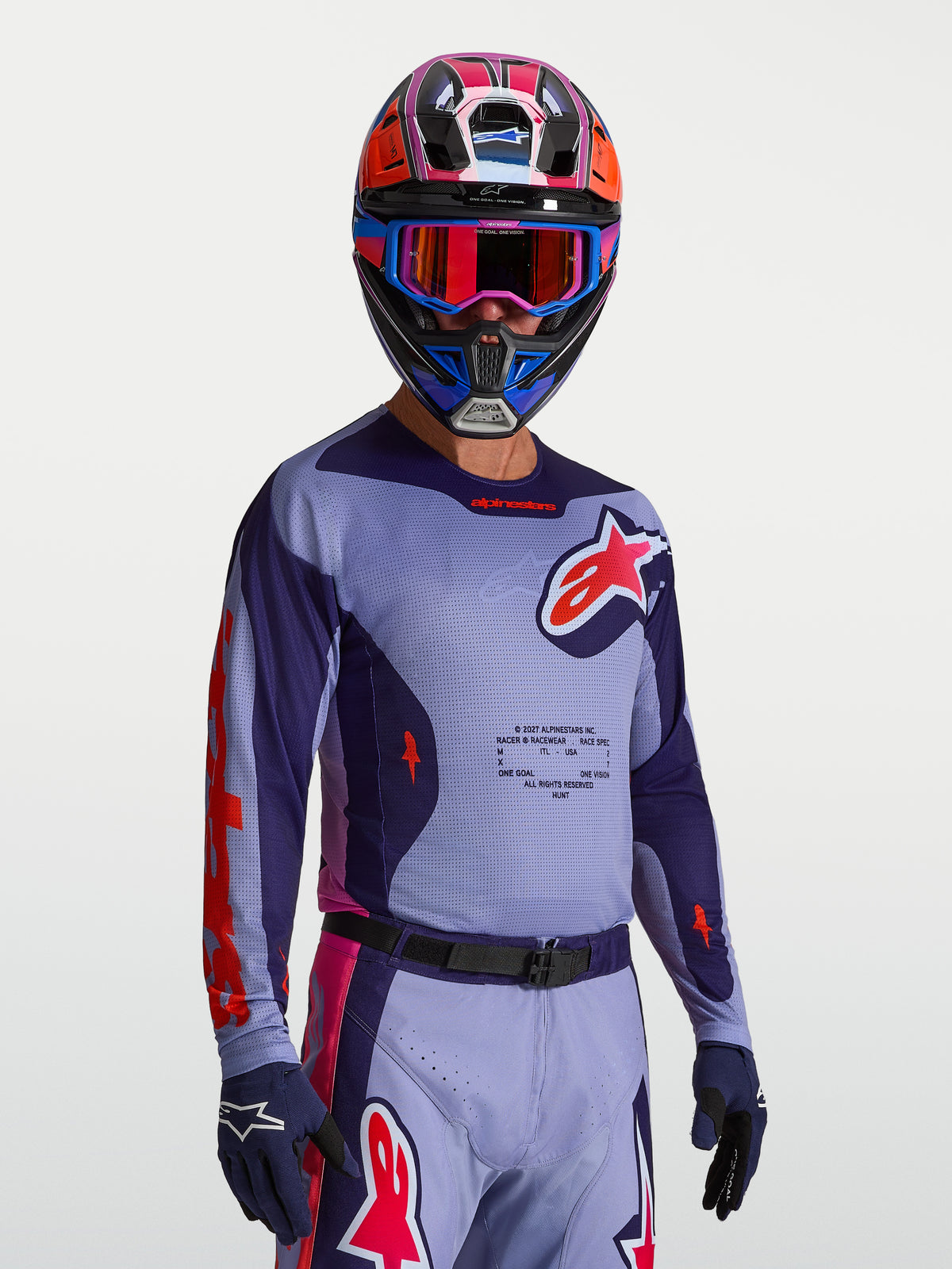 Alpinestars Racer Air Hunt tröja, lila och rosa ventilerad herrmotocrosströja för terrängkörning, lätt mesh-konstruktion med optimalt luftflöde.