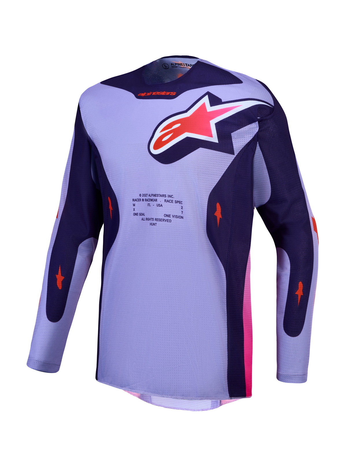 Alpinestars Racer Air Hunt Jersey, purple and violet motocross racing jersey with breathable mesh and pink accents.